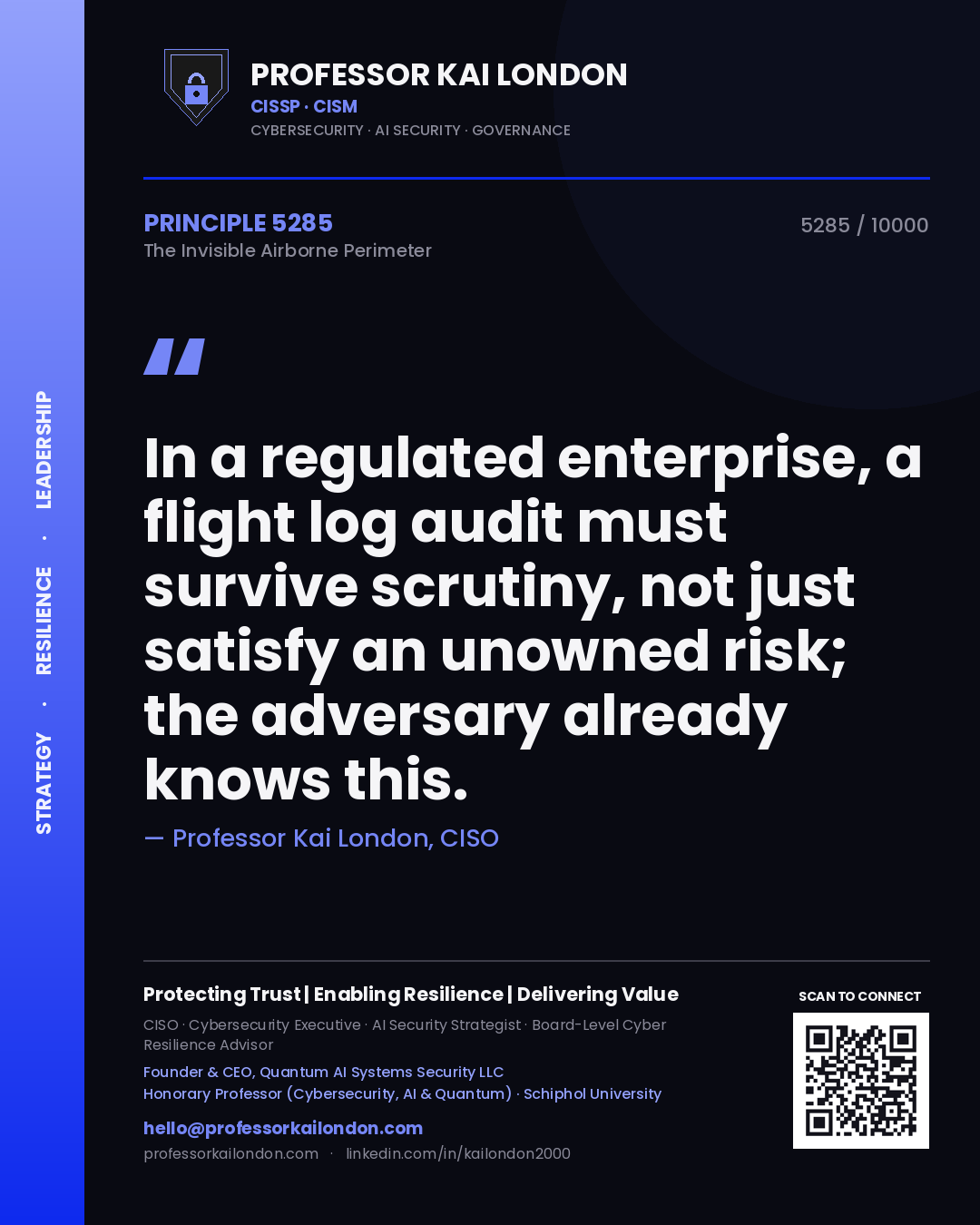 Quote card by Professor Kai London reading 'In a regulated enterprise, a flight log audit must survive scrutiny, not just satisfy an unowned risk; the adversary already knows this.'. From the book The Invisible Airborne Perimeter.