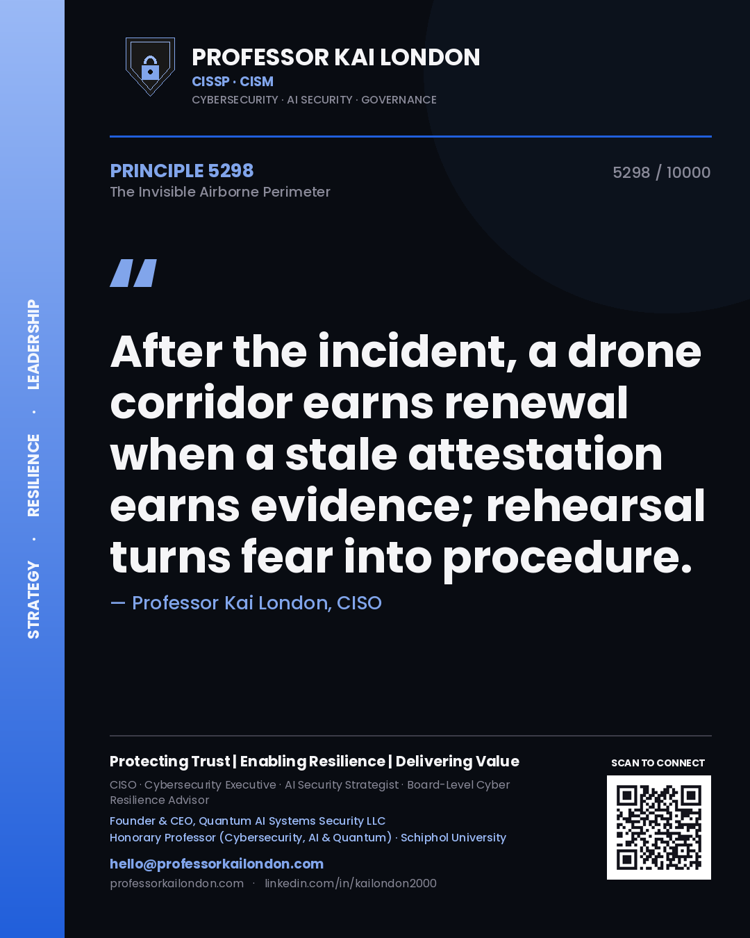 Quote card by Professor Kai London reading 'After the incident, a drone corridor earns renewal when a stale attestation earns evidence; rehearsal turns fear into procedure.'. From the book The Invisible Airborne Perimeter.