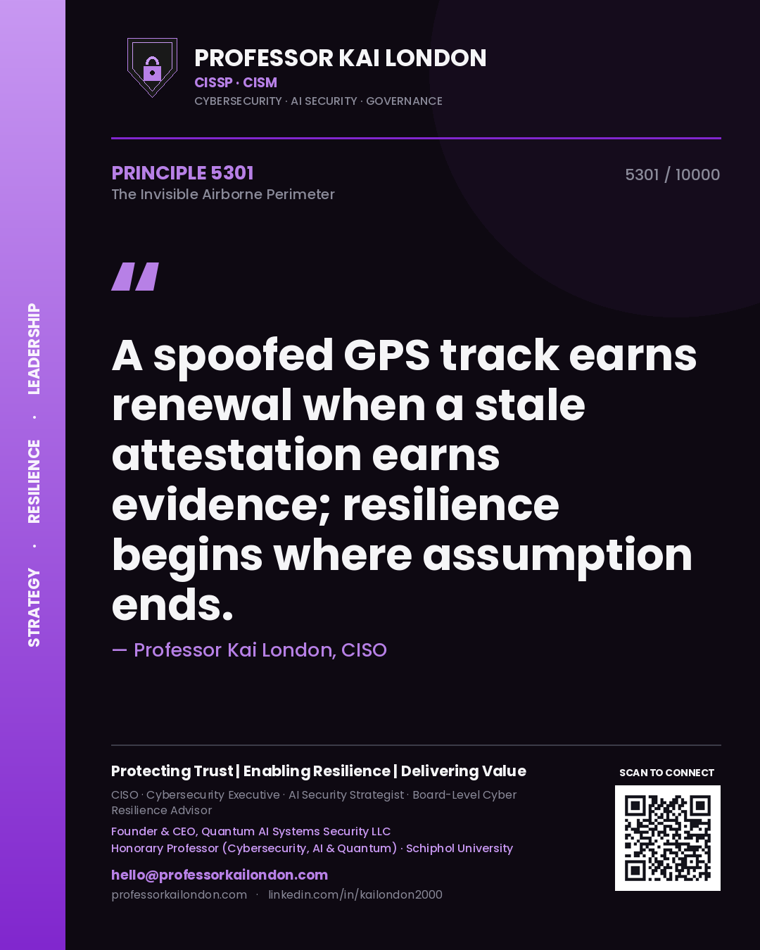Quote card by Professor Kai London reading 'A spoofed GPS track earns renewal when a stale attestation earns evidence; resilience begins where assumption ends.'. From the book The Invisible Airborne Perimeter.