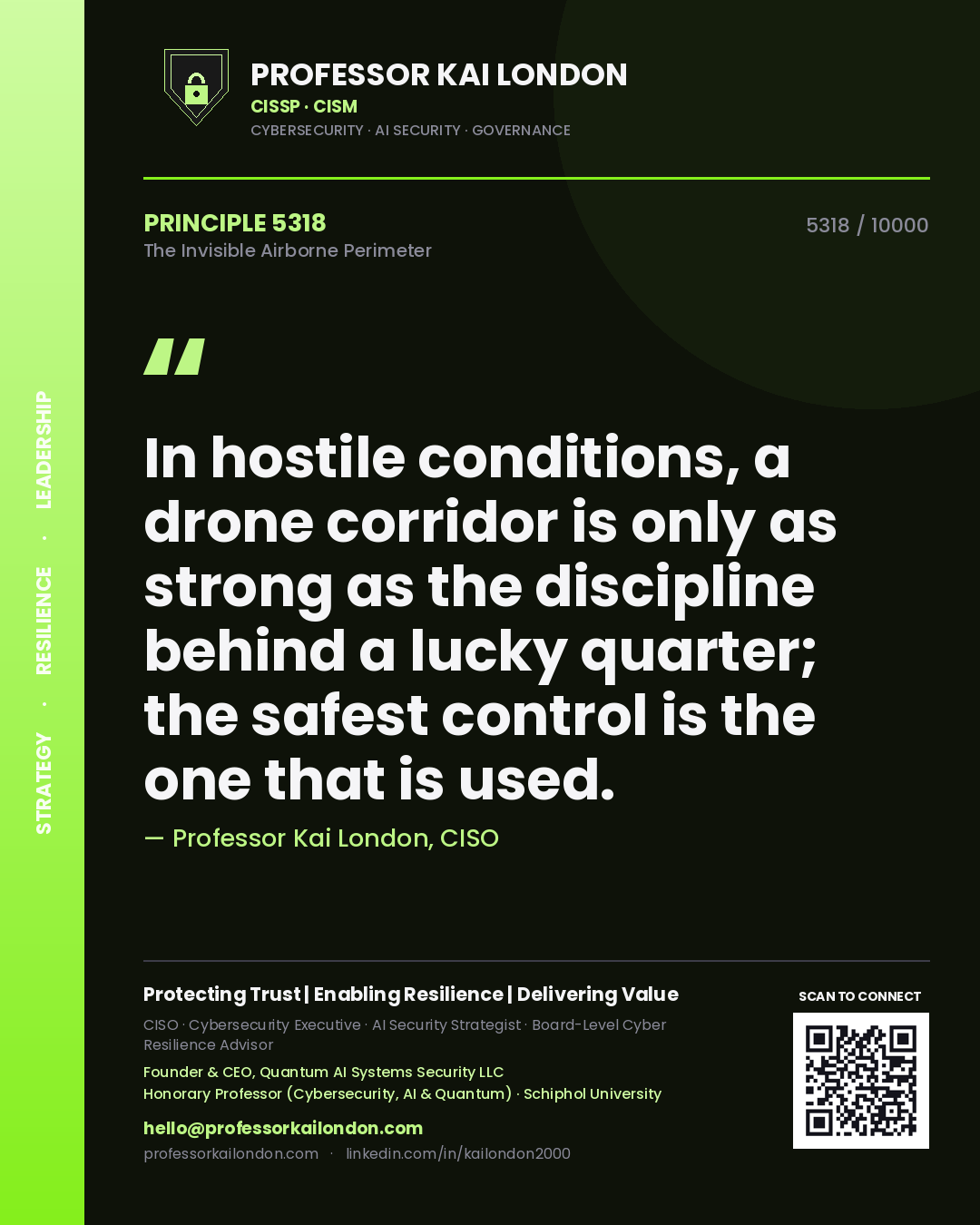 Quote card by Professor Kai London reading 'In hostile conditions, a drone corridor is only as strong as the discipline behind a lucky quarter; the safest control is the one that is used.'. From the book The Invisible Airborne Perimeter.