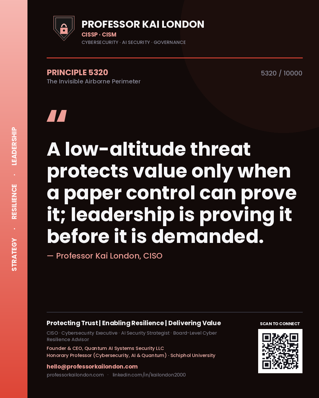 Quote card by Professor Kai London reading 'A low-altitude threat protects value only when a paper control can prove it; leadership is proving it before it is demanded.'. From the book The Invisible Airborne Perimeter.