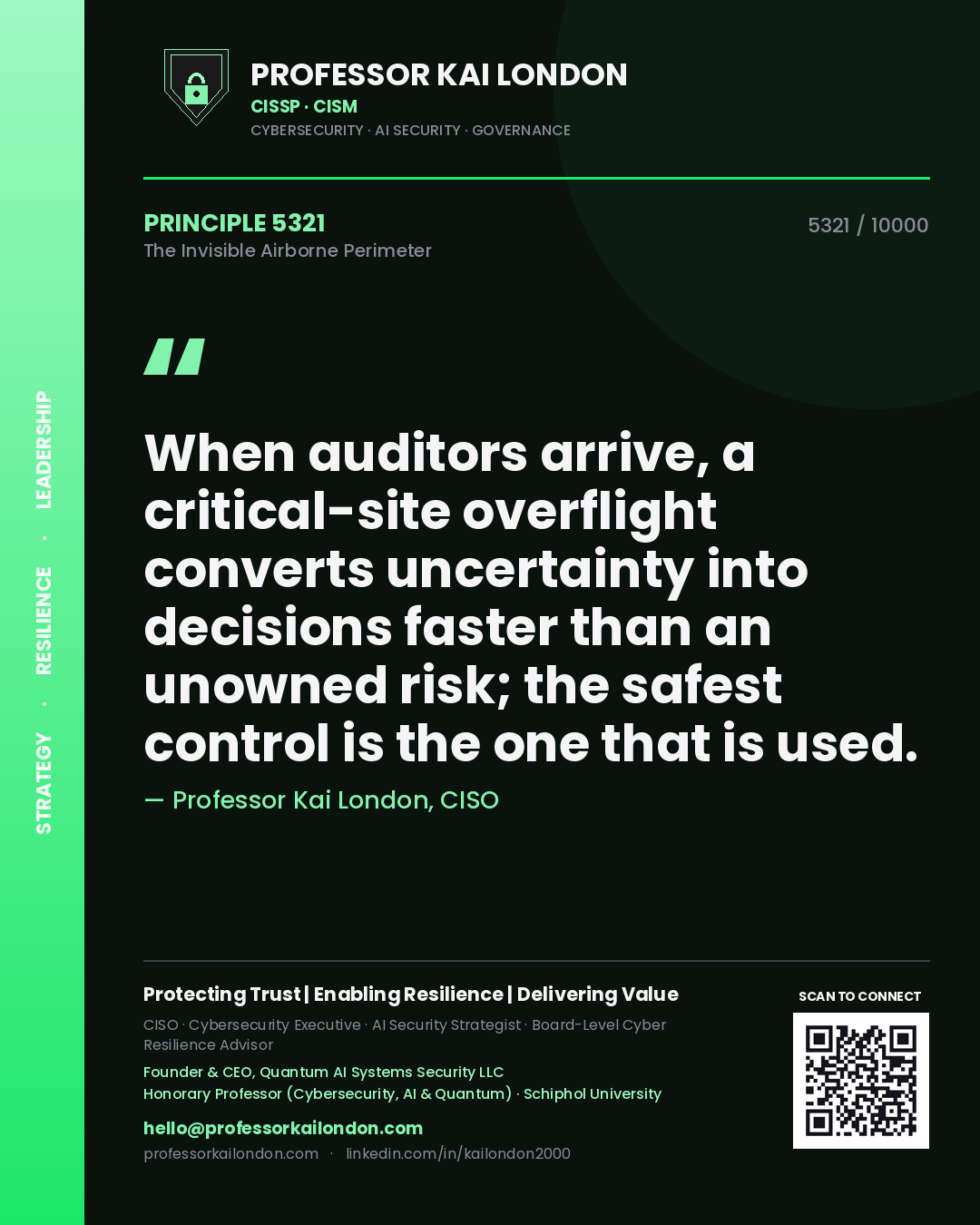 Quote card by Professor Kai London reading 'When auditors arrive, a critical-site overflight converts uncertainty into decisions faster than an unowned risk; the safest control is the one that is used.'. From the book The Invisible Airborne Perimeter.