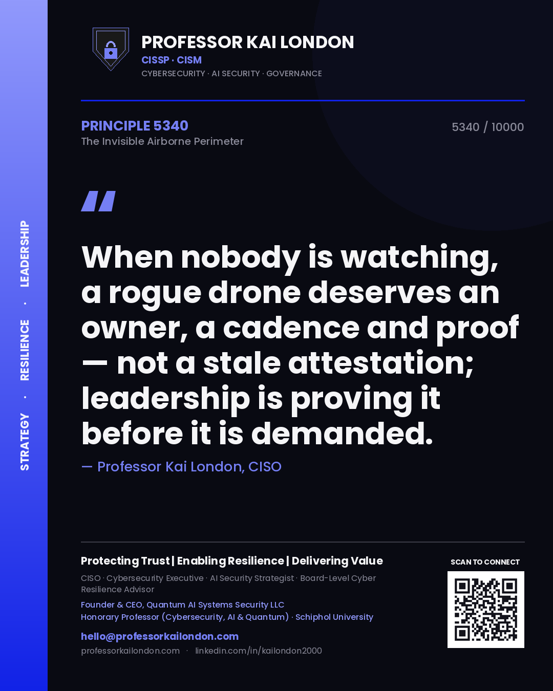 Quote card by Professor Kai London reading 'When nobody is watching, a rogue drone deserves an owner, a cadence and proof — not a stale attestation; leadership is proving it before it is demanded.'. From the book The Invisible Airborne Perimeter.