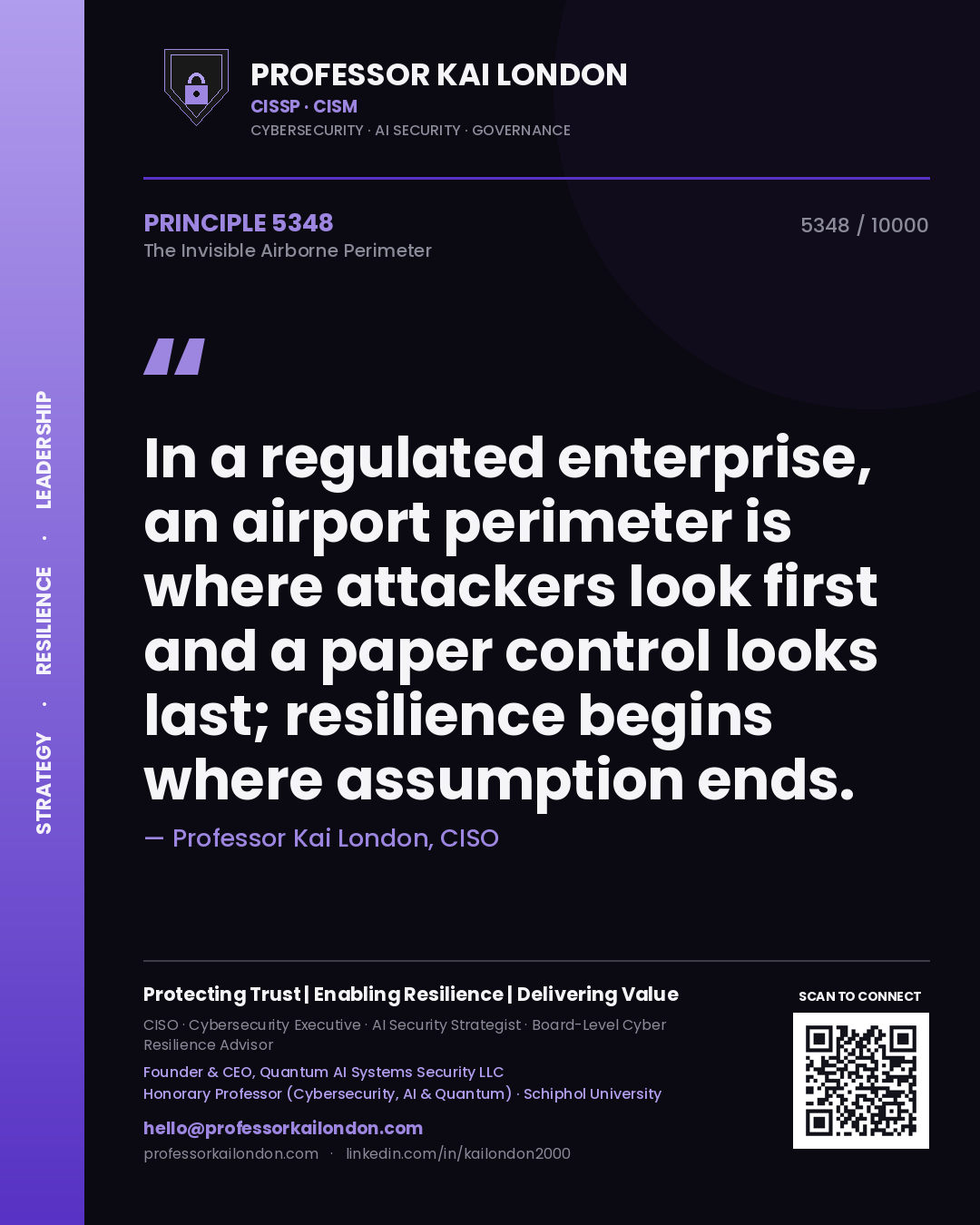 Quote card by Professor Kai London reading 'In a regulated enterprise, an airport perimeter is where attackers look first and a paper control looks last; resilience begins where assumption ends.'. From the book The Invisible Airborne Perimeter.