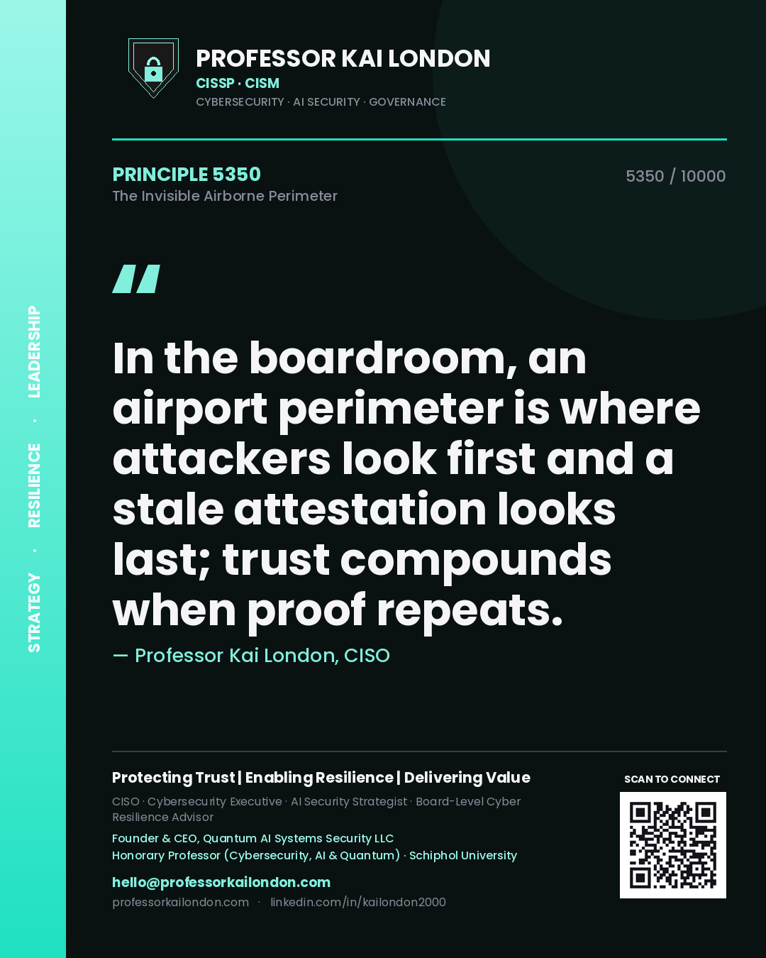 Professor Kai London principle 5350: In the boardroom, an airport perimeter is where attackers look first and a stale attestation looks last; trust compounds when proof repeats.