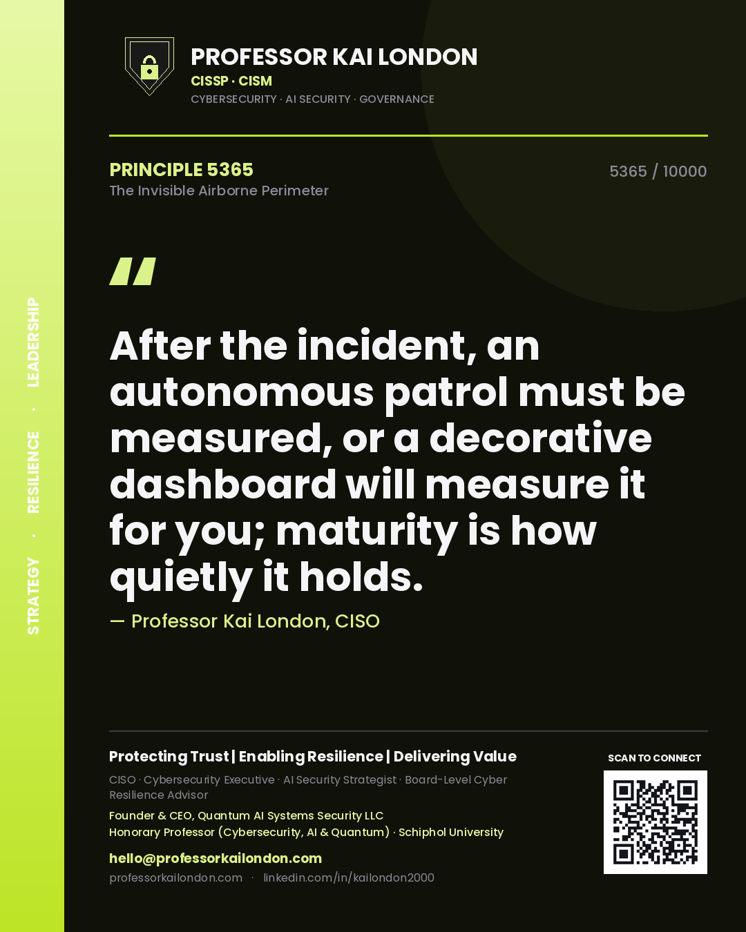 Quote card by Professor Kai London reading 'After the incident, an autonomous patrol must be measured, or a decorative dashboard will measure it for you; maturity is how quietly it holds.'. From the book The Invisible Airborne Perimeter.