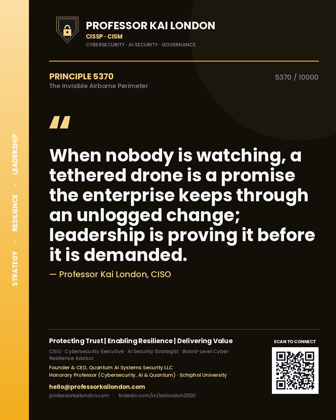 Quote card by Professor Kai London reading 'When nobody is watching, a tethered drone is a promise the enterprise keeps through an unlogged change; leadership is proving it before it is demanded.'. From the book The Invisible Airborne Perimeter.