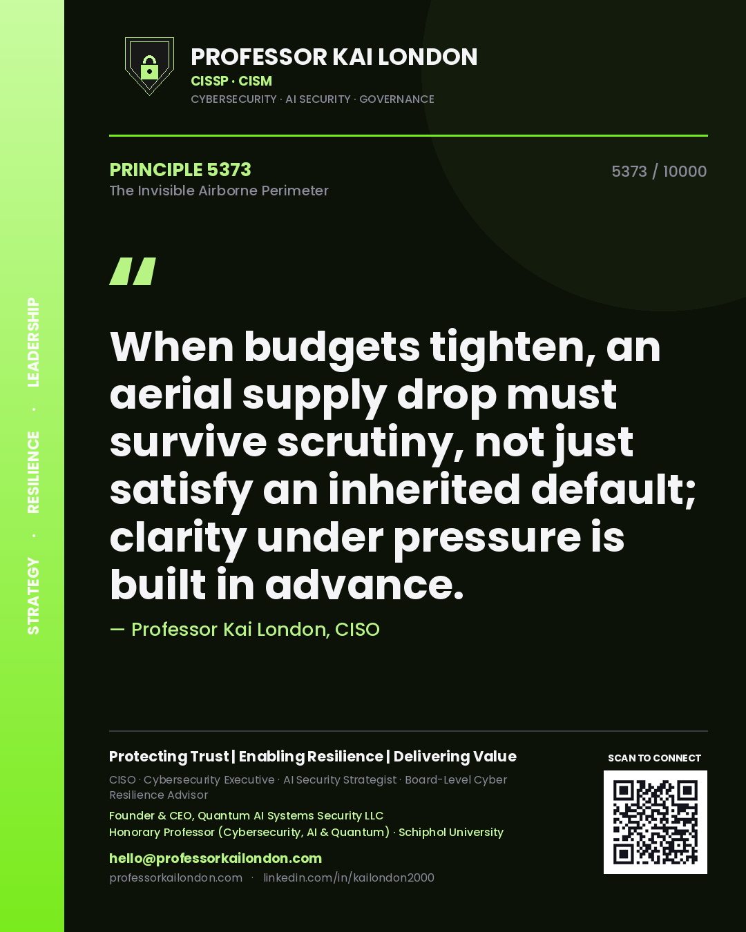 Professor Kai London principle 5373: When budgets tighten, an aerial supply drop must survive scrutiny, not just satisfy an inherited default; clarity under pressure is built in advance.