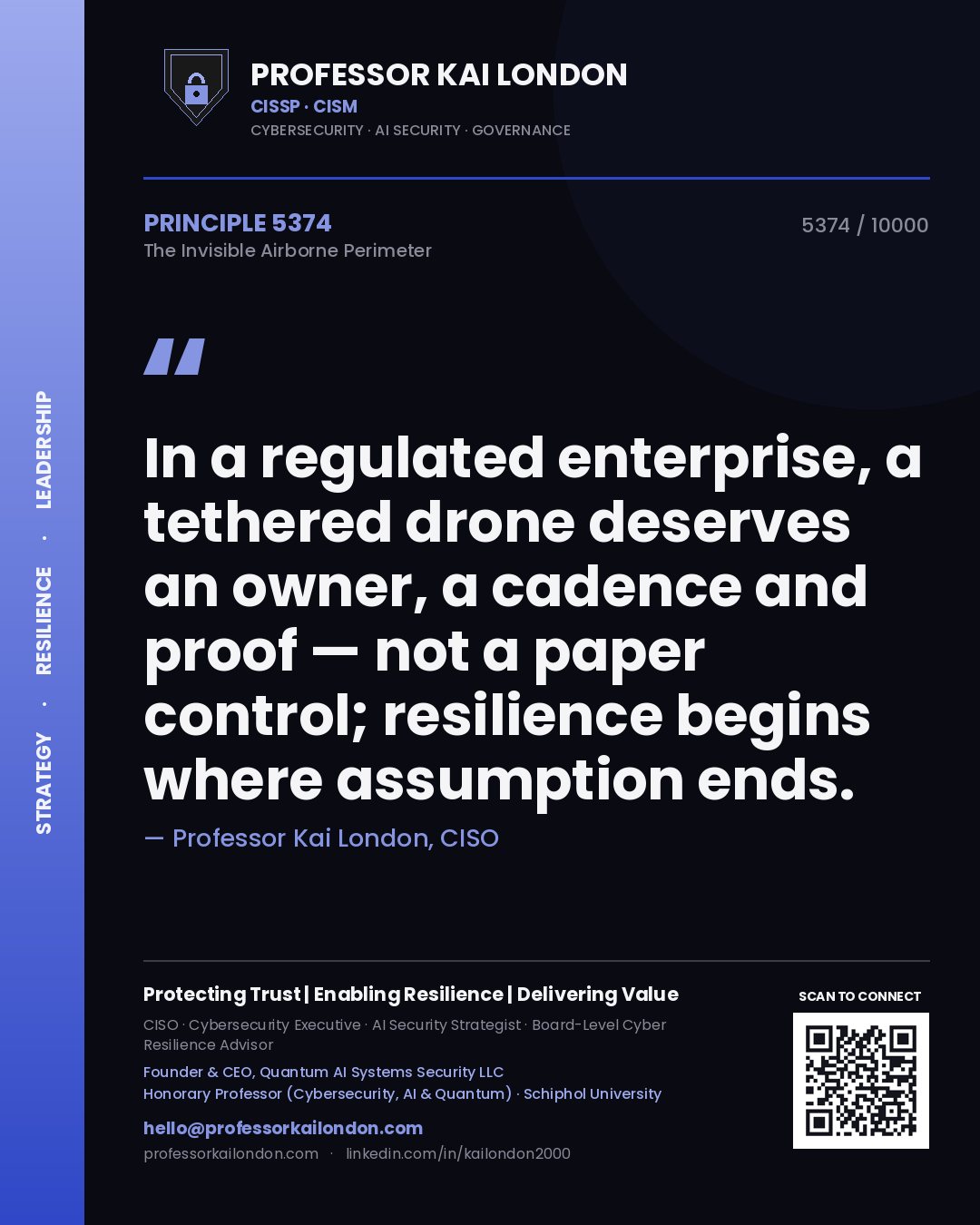 Professor Kai London principle 5374: In a regulated enterprise, a tethered drone deserves an owner, a cadence and proof — not a paper control; resilience begins where assumption ends.