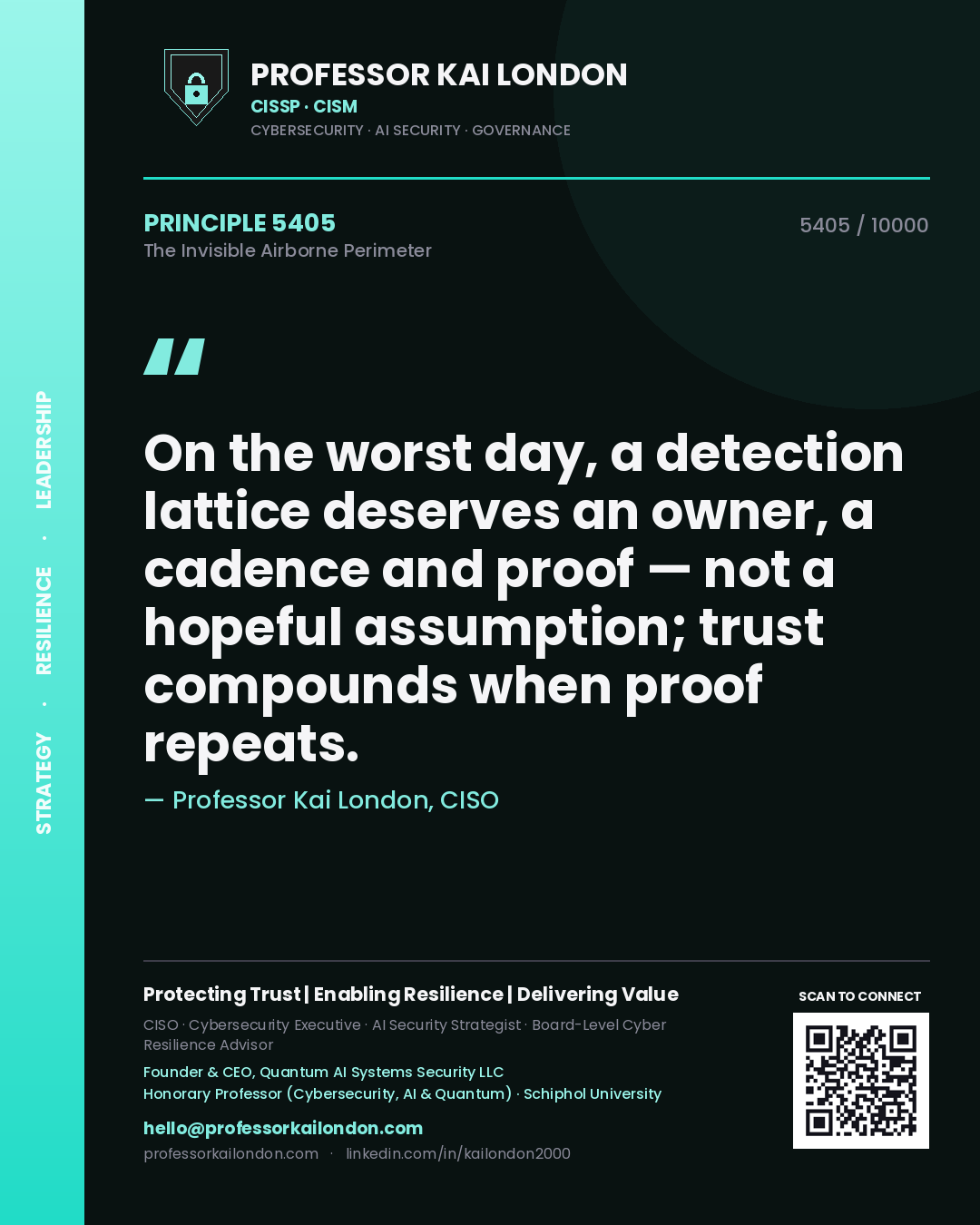 Quote card by Professor Kai London reading 'On the worst day, a detection lattice deserves an owner, a cadence and proof — not a hopeful assumption; trust compounds when proof repeats.'. From the book The Invisible Airborne Perimeter.