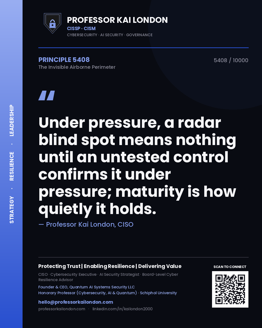 Quote card by Professor Kai London reading 'Under pressure, a radar blind spot means nothing until an untested control confirms it under pressure; maturity is how quietly it holds.'. From the book The Invisible Airborne Perimeter.