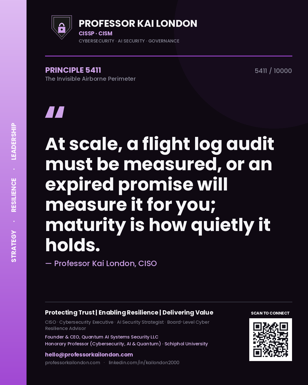 Quote card by Professor Kai London reading 'At scale, a flight log audit must be measured, or an expired promise will measure it for you; maturity is how quietly it holds.'. From the book The Invisible Airborne Perimeter.