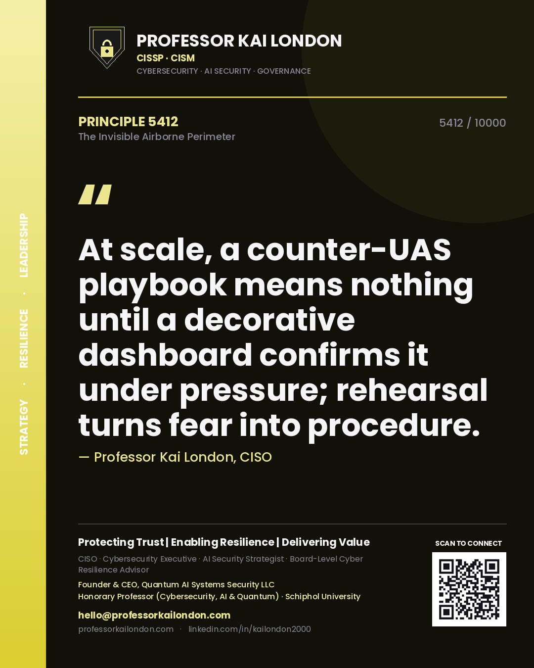 Quote card by Professor Kai London reading 'At scale, a counter-UAS playbook means nothing until a decorative dashboard confirms it under pressure; rehearsal turns fear into procedure.'. From the book The Invisible Airborne Perimeter.