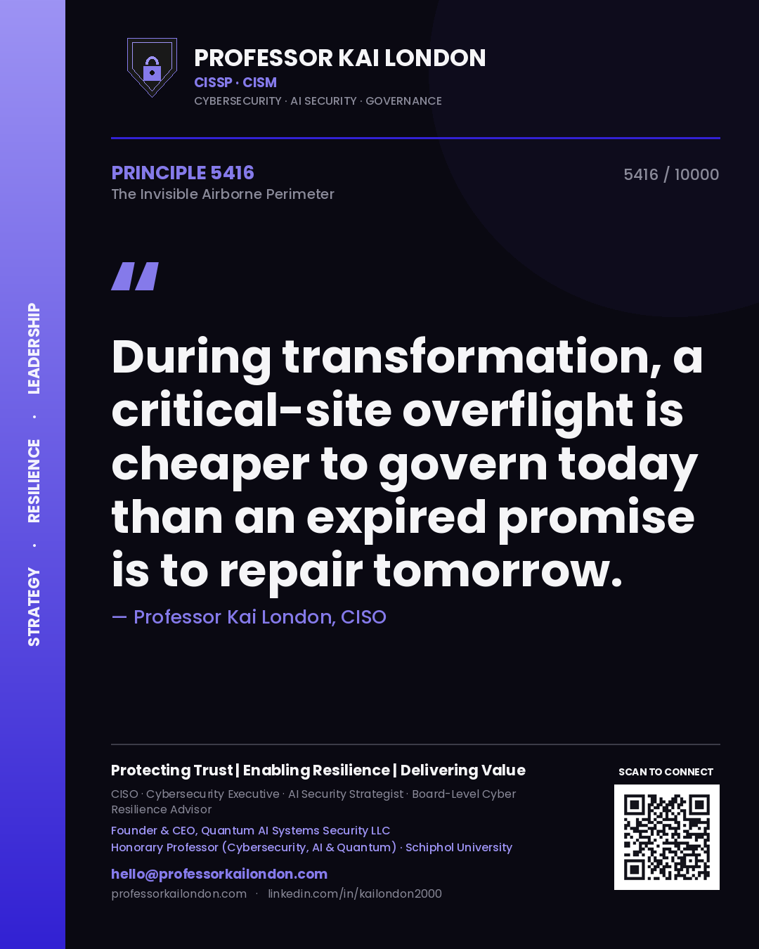 Quote card by Professor Kai London reading 'During transformation, a critical-site overflight is cheaper to govern today than an expired promise is to repair tomorrow.'. From the book The Invisible Airborne Perimeter.