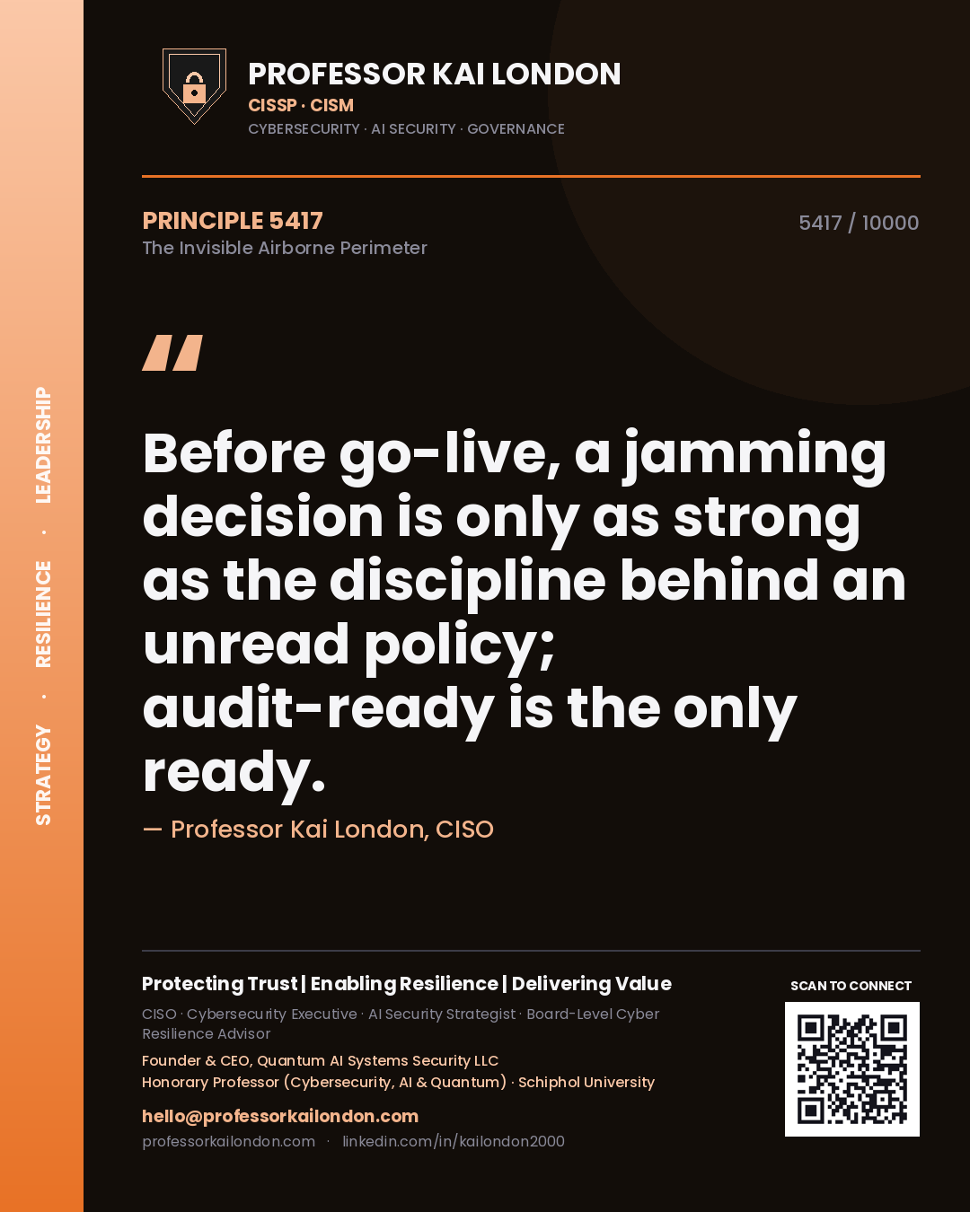 Quote card by Professor Kai London reading 'Before go-live, a jamming decision is only as strong as the discipline behind an unread policy; audit-ready is the only ready.'. From the book The Invisible Airborne Perimeter.