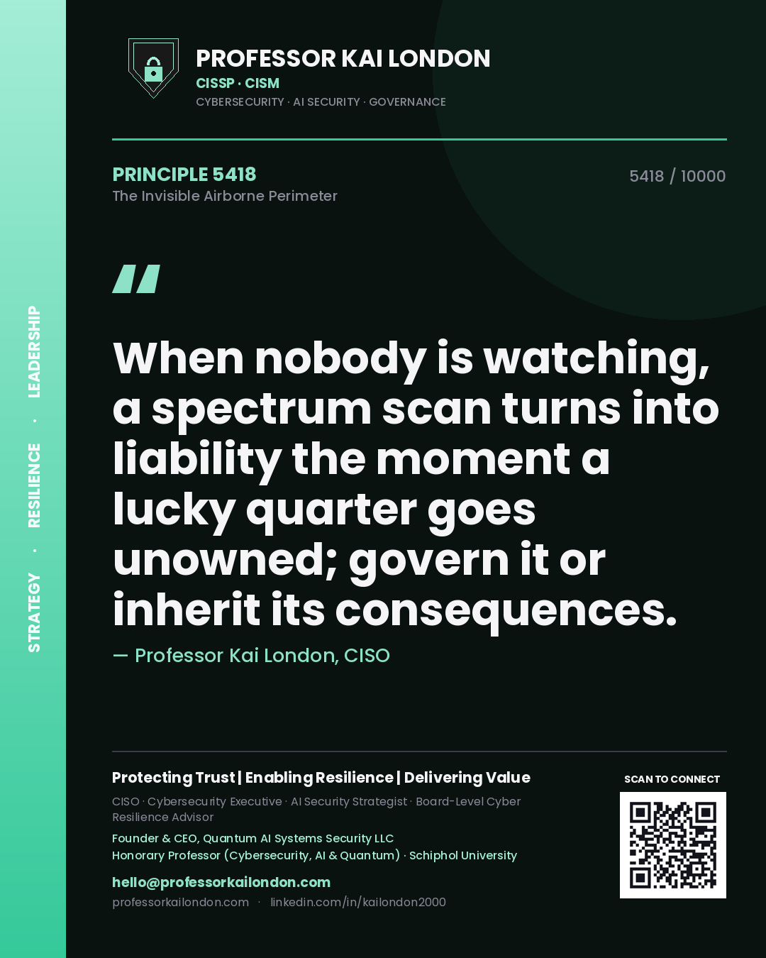Quote card by Professor Kai London reading 'When nobody is watching, a spectrum scan turns into liability the moment a lucky quarter goes unowned; govern it or inherit its consequences.'. From the book The Invisible Airborne Perimeter.