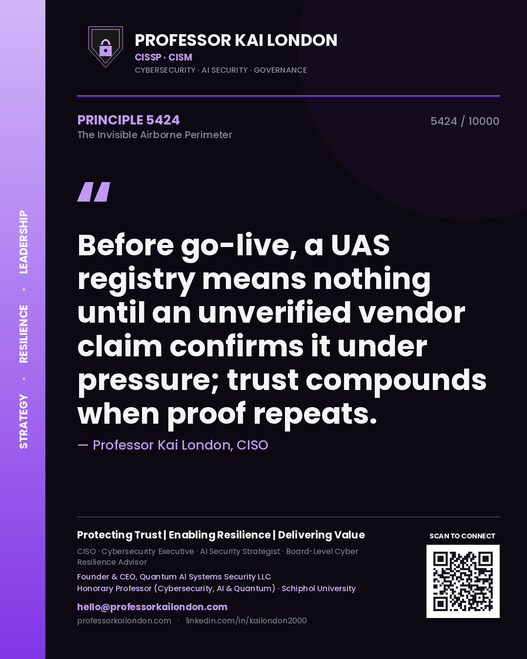 Quote card by Professor Kai London reading 'Before go-live, a UAS registry means nothing until an unverified vendor claim confirms it under pressure; trust compounds when proof repeats.'. From the book The Invisible Airborne Perimeter.