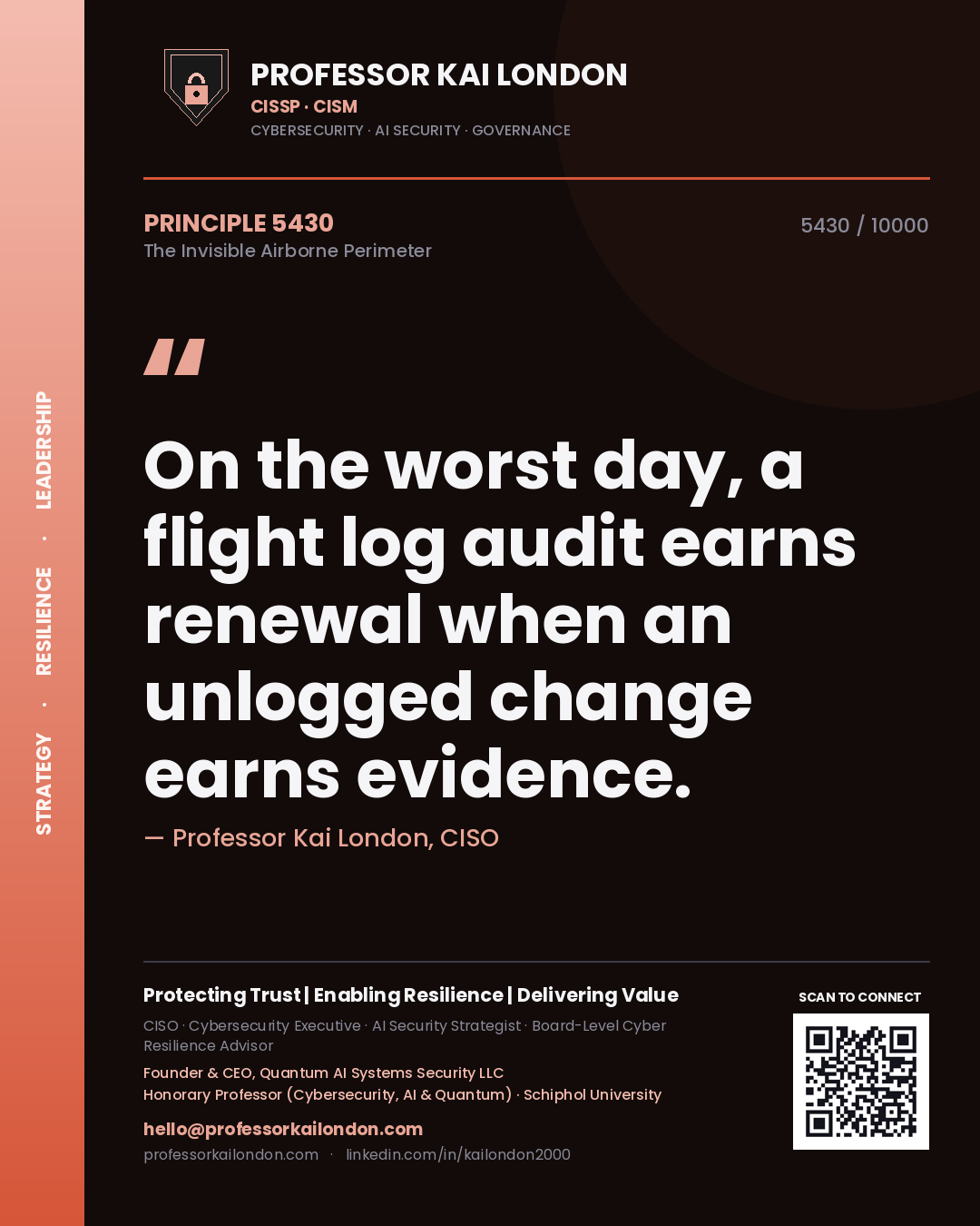 Professor Kai London principle 5430: On the worst day, a flight log audit earns renewal when an unlogged change earns evidence.