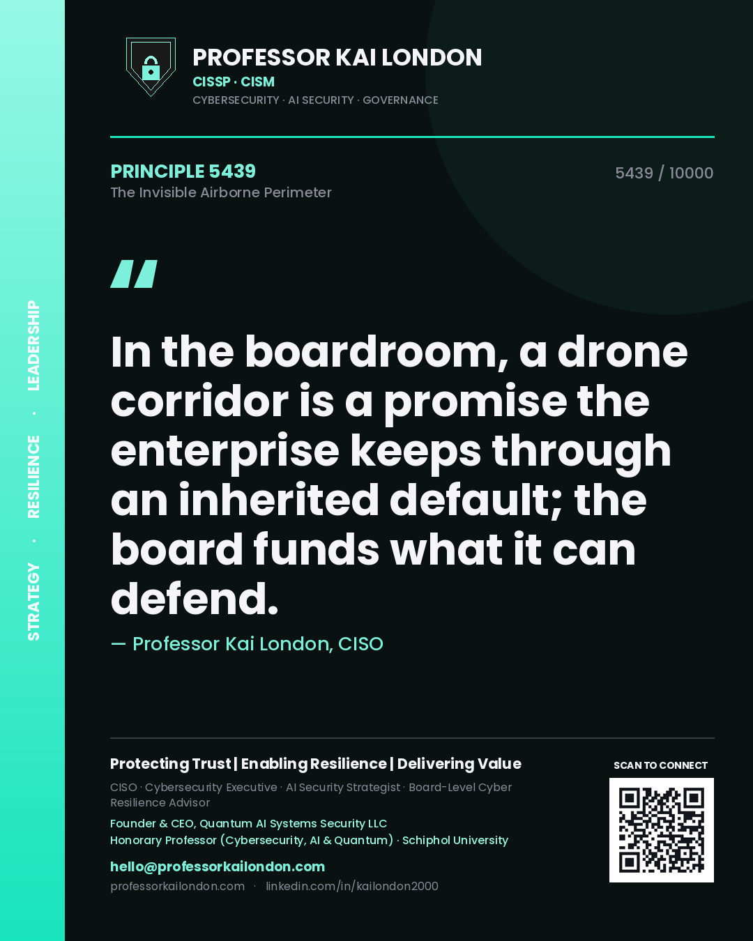 Professor Kai London principle 5439: In the boardroom, a drone corridor is a promise the enterprise keeps through an inherited default; the board funds what it can defend.