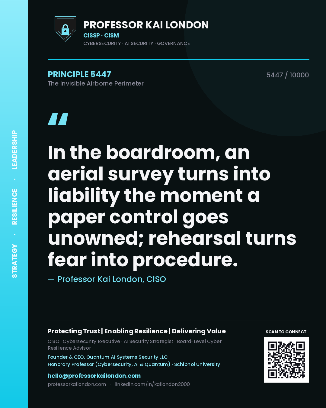 Professor Kai London principle 5447: In the boardroom, an aerial survey turns into liability the moment a paper control goes unowned; rehearsal turns fear into procedure.