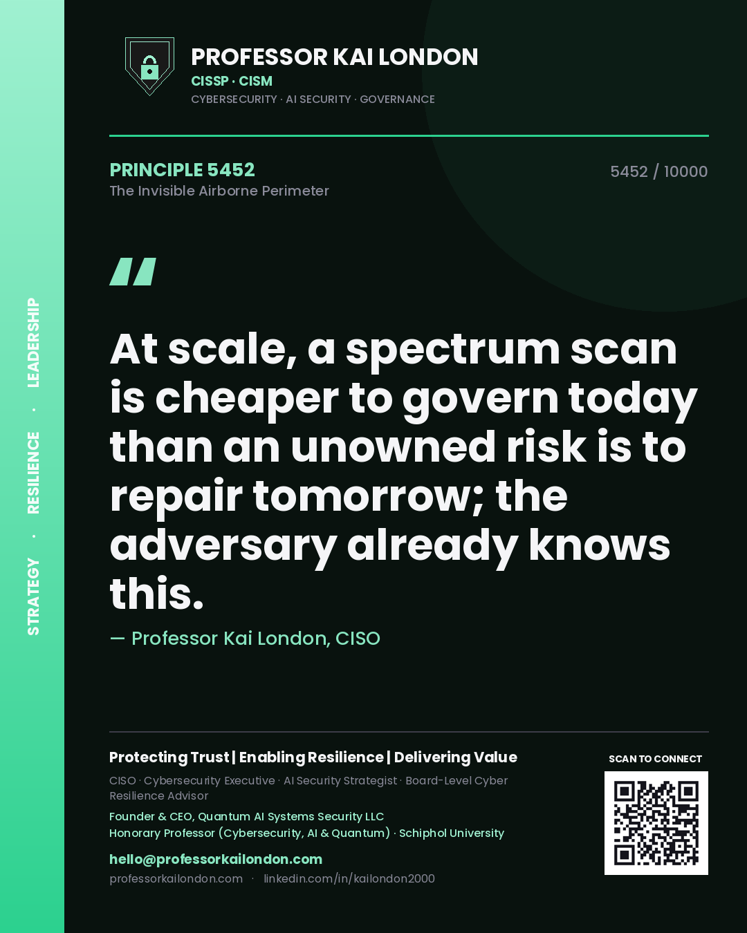 Quote card by Professor Kai London reading 'At scale, a spectrum scan is cheaper to govern today than an unowned risk is to repair tomorrow; the adversary already knows this.'. From the book The Invisible Airborne Perimeter.