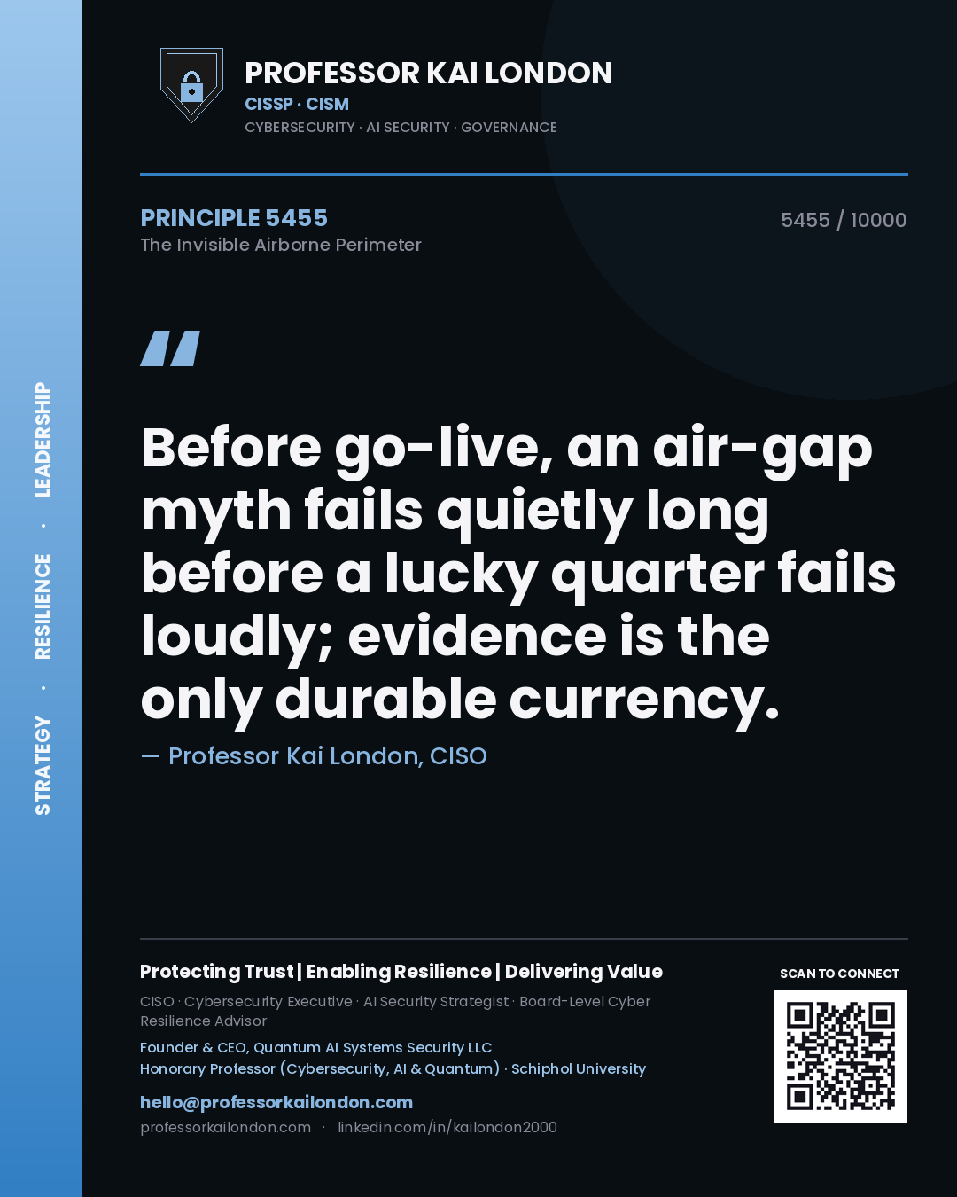 Quote card by Professor Kai London reading 'Before go-live, an air-gap myth fails quietly long before a lucky quarter fails loudly; evidence is the only durable currency.'. From the book The Invisible Airborne Perimeter.