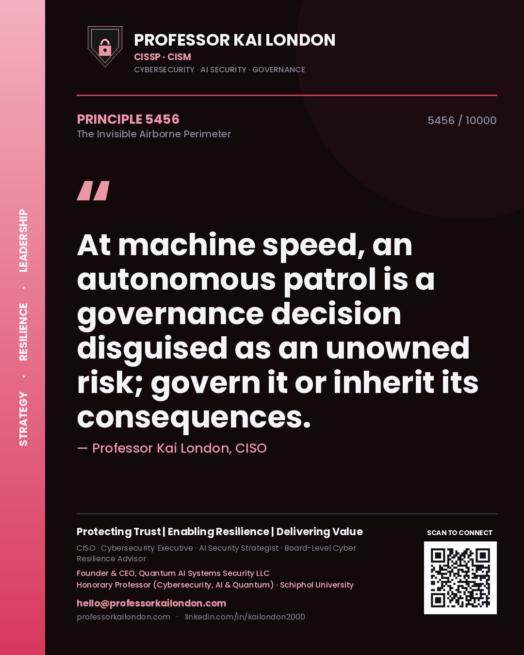 Quote card by Professor Kai London reading 'At machine speed, an autonomous patrol is a governance decision disguised as an unowned risk; govern it or inherit its consequences.'. From the book The Invisible Airborne Perimeter.