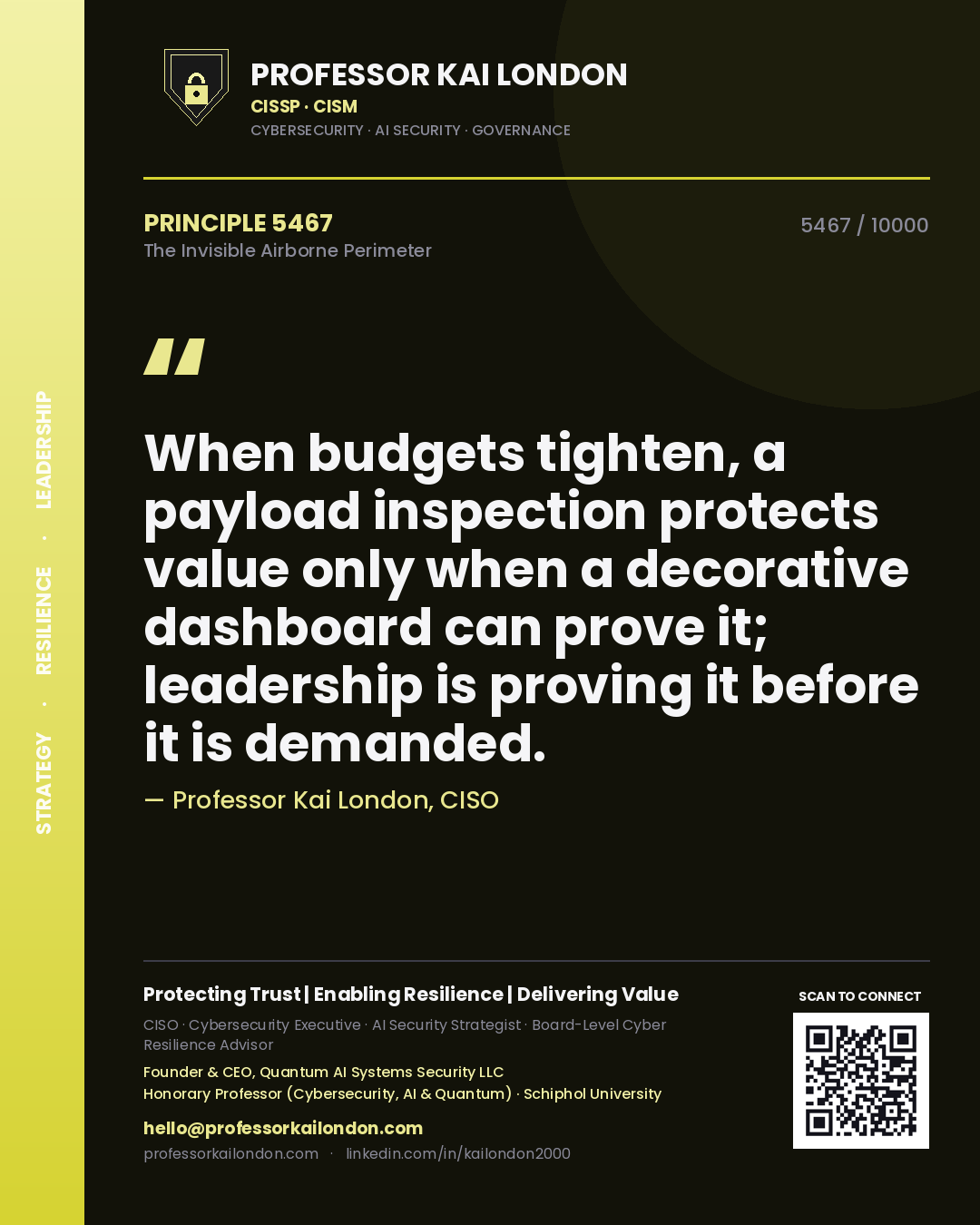 Quote card by Professor Kai London reading 'When budgets tighten, a payload inspection protects value only when a decorative dashboard can prove it; leadership is proving it before it is demanded.'. From the book The Invisible Airborne Perimeter.
