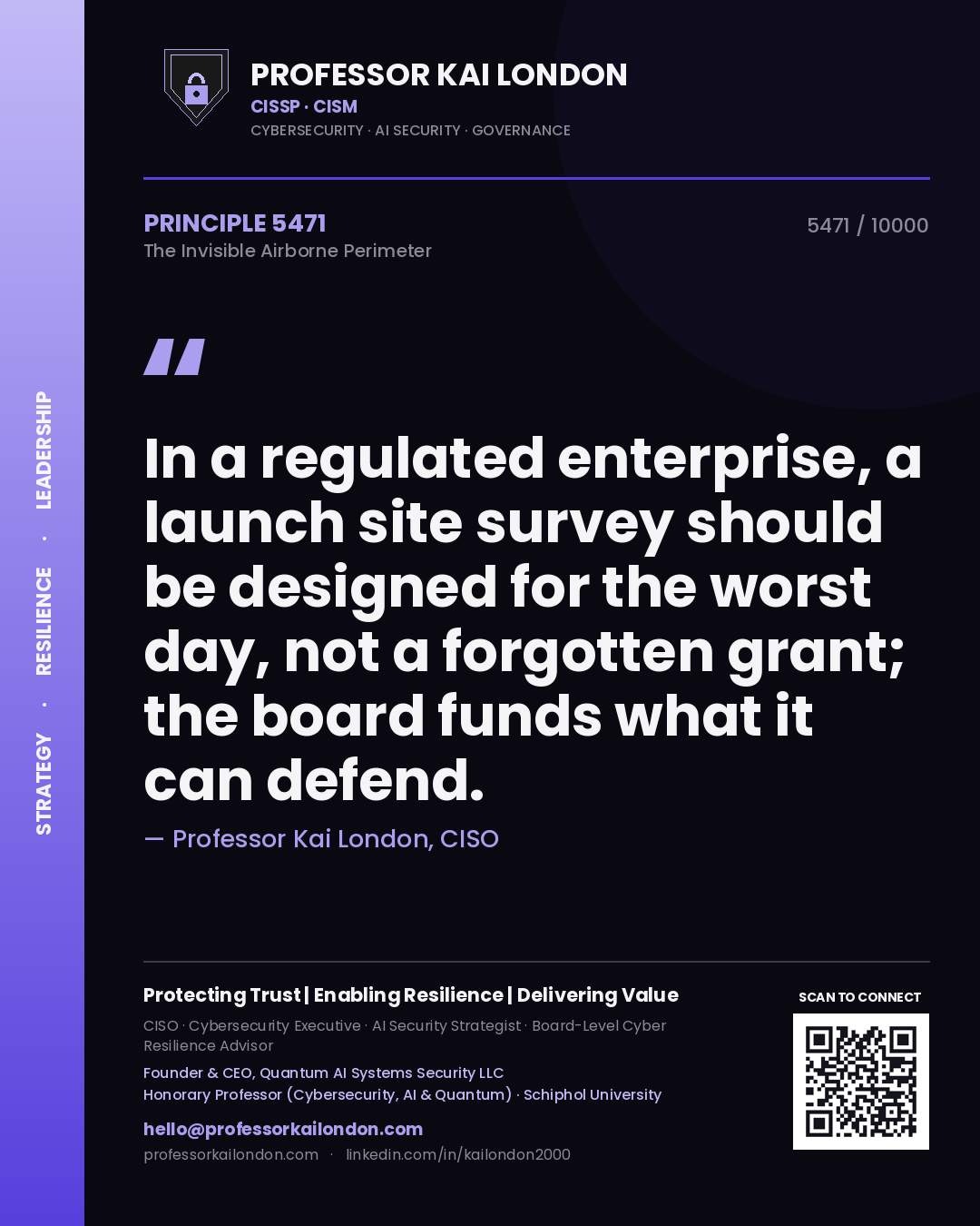Quote card by Professor Kai London reading 'In a regulated enterprise, a launch site survey should be designed for the worst day, not a forgotten grant; the board funds what it can defend.'. From the book The Invisible Airborne Perimeter.