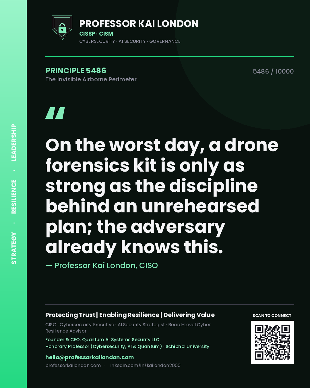Quote card by Professor Kai London reading 'On the worst day, a drone forensics kit is only as strong as the discipline behind an unrehearsed plan; the adversary already knows this.'. From the book The Invisible Airborne Perimeter.