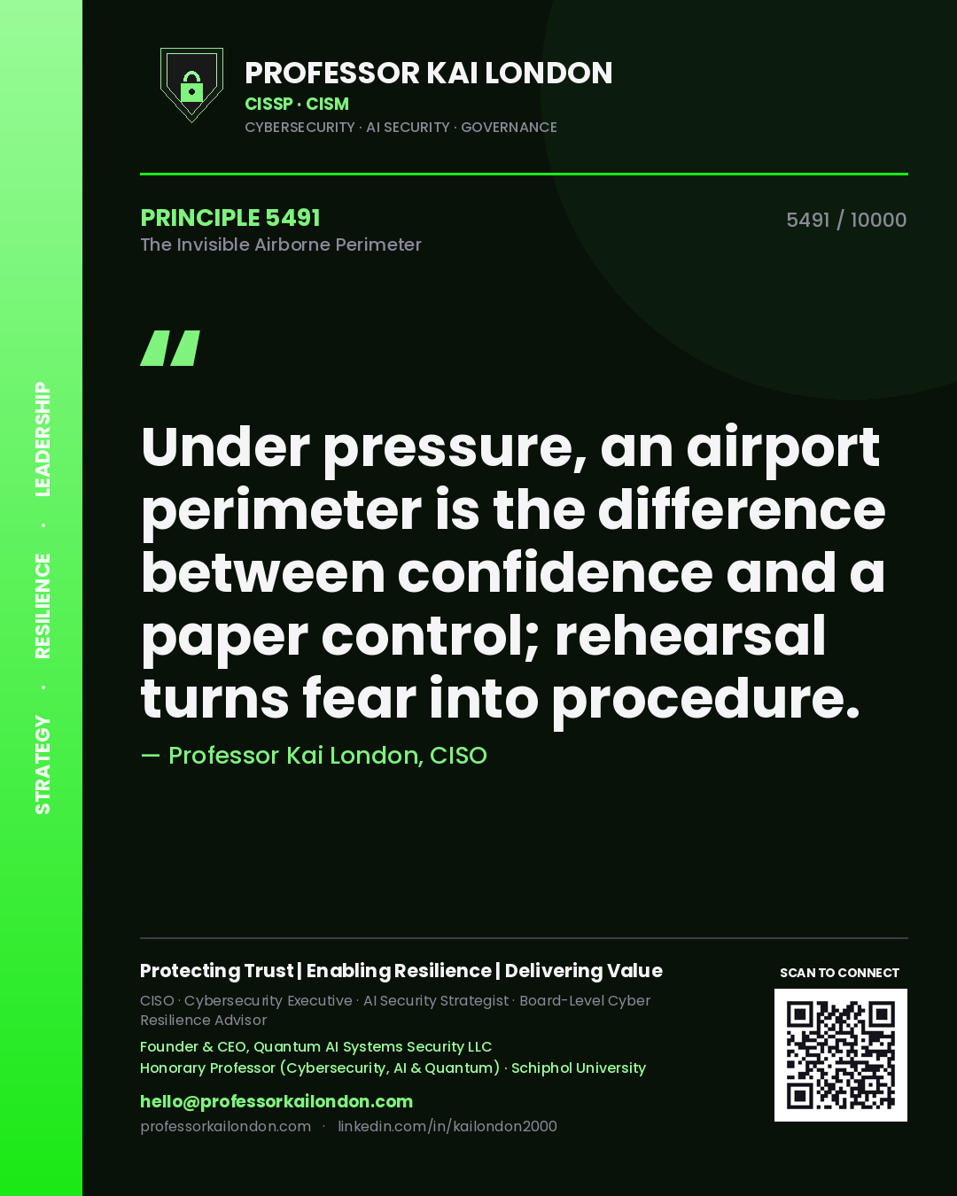 Quote card by Professor Kai London reading 'Under pressure, an airport perimeter is the difference between confidence and a paper control; rehearsal turns fear into procedure.'. From the book The Invisible Airborne Perimeter.