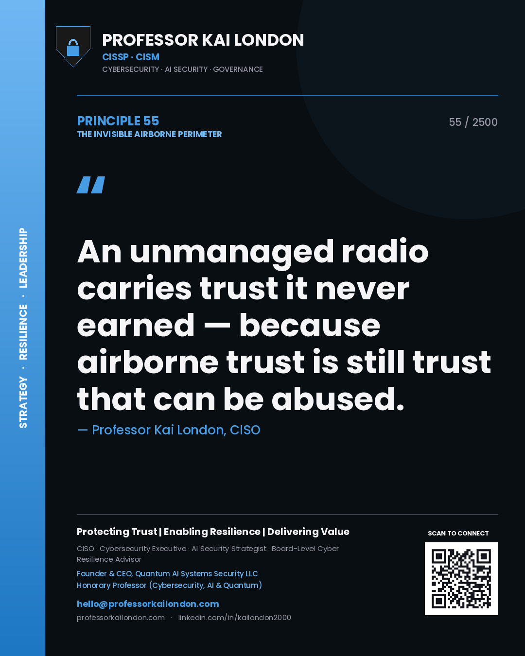 Quote card by Professor Kai London reading 'An unmanaged radio carries trust it never earned — because airborne trust is still trust that can be abused.'. From the book The Invisible Airborne Perimeter.