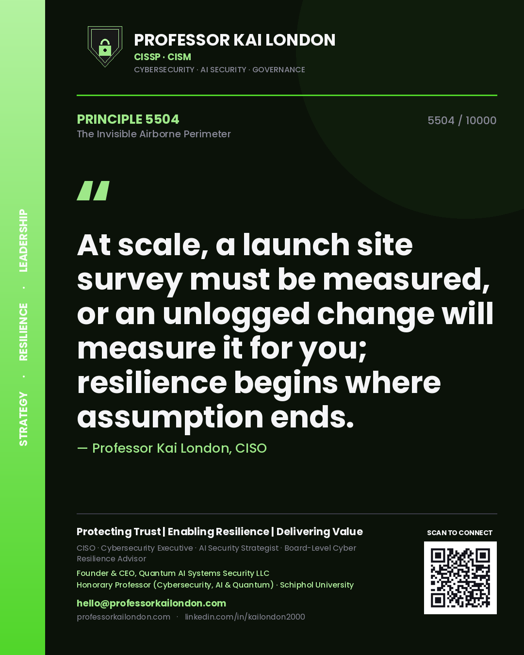 Quote card by Professor Kai London reading 'At scale, a launch site survey must be measured, or an unlogged change will measure it for you; resilience begins where assumption ends.'. From the book The Invisible Airborne Perimeter.