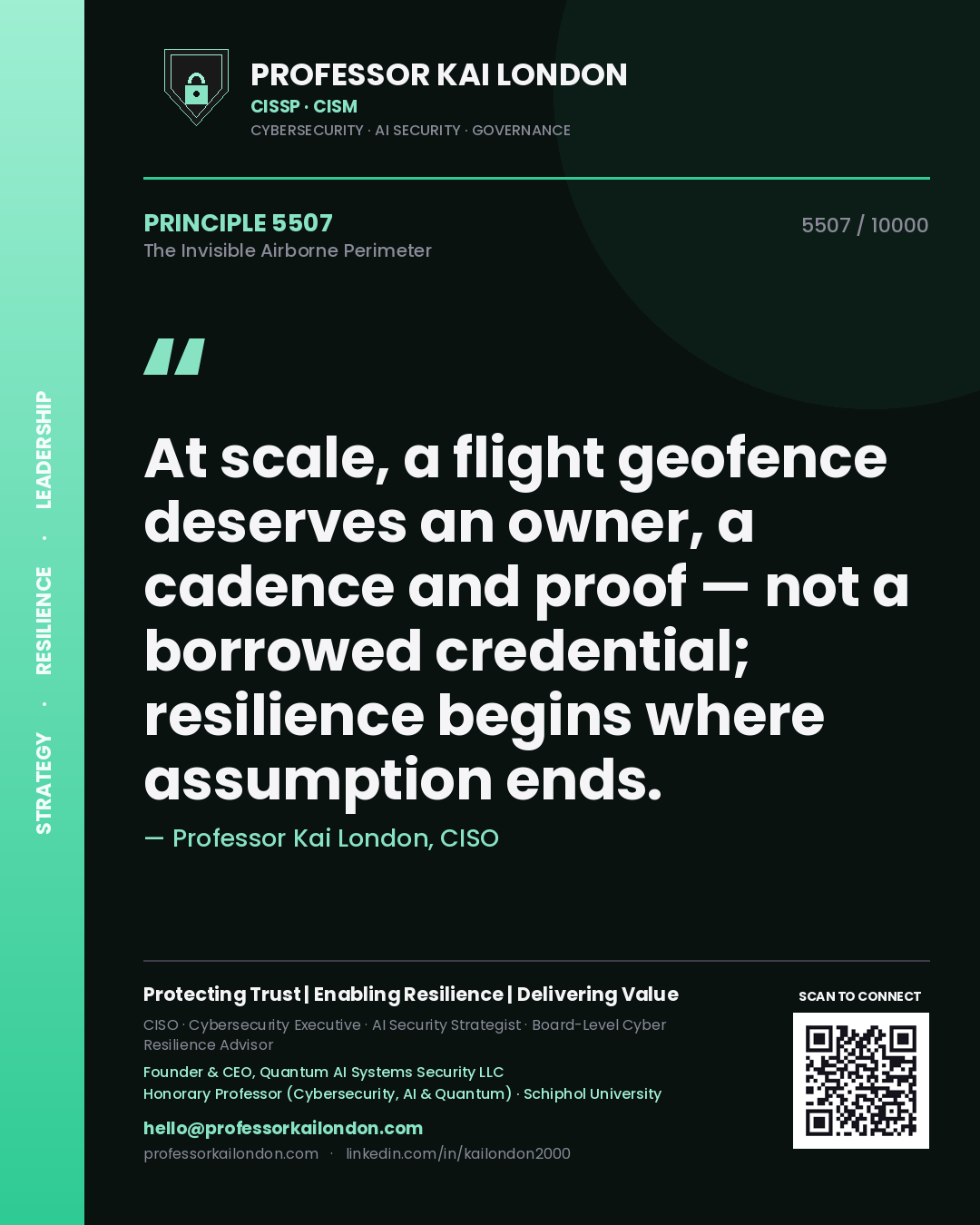 Quote card by Professor Kai London reading 'At scale, a flight geofence deserves an owner, a cadence and proof — not a borrowed credential; resilience begins where assumption ends.'. From the book The Invisible Airborne Perimeter.