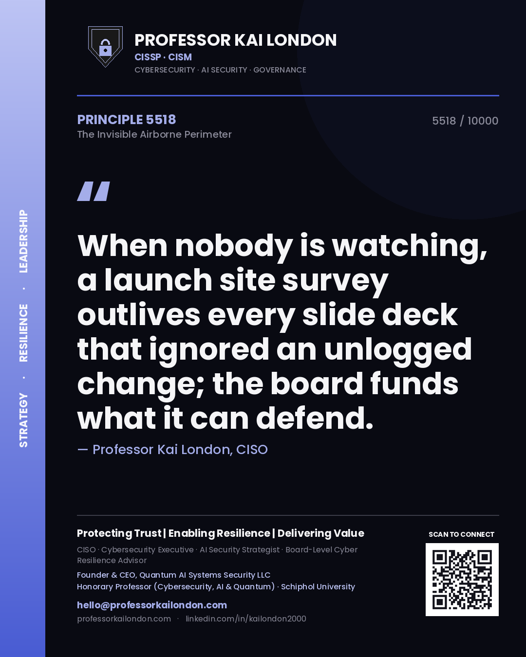 Professor Kai London principle 5518: When nobody is watching, a launch site survey outlives every slide deck that ignored an unlogged change; the board funds what it can defend.