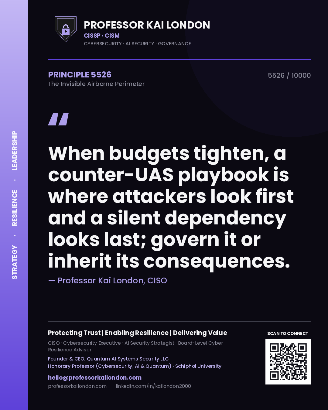 Professor Kai London principle 5526: When budgets tighten, a counter-UAS playbook is where attackers look first and a silent dependency looks last; govern it or inherit its consequences.