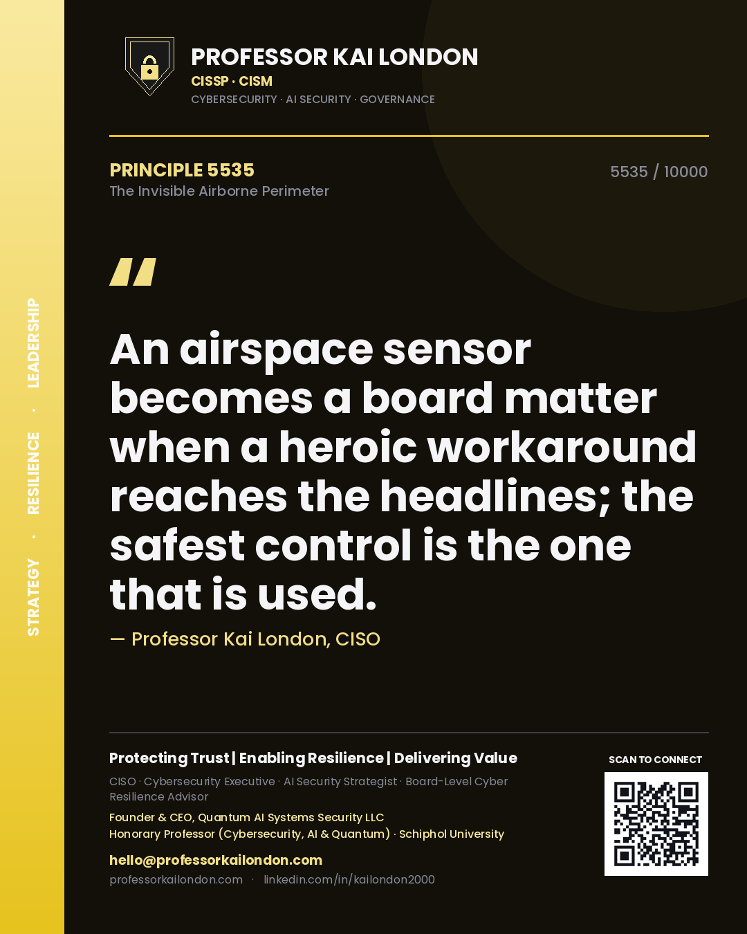 Quote card by Professor Kai London reading 'An airspace sensor becomes a board matter when a heroic workaround reaches the headlines; the safest control is the one that is used.'. From the book The Invisible Airborne Perimeter.