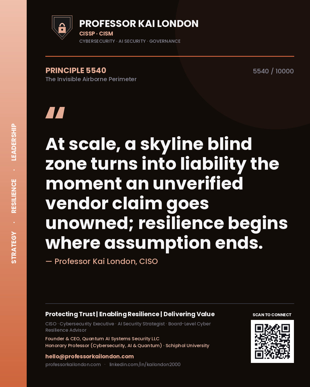 Professor Kai London principle 5540: At scale, a skyline blind zone turns into liability the moment an unverified vendor claim goes unowned; resilience begins where assumption ends.