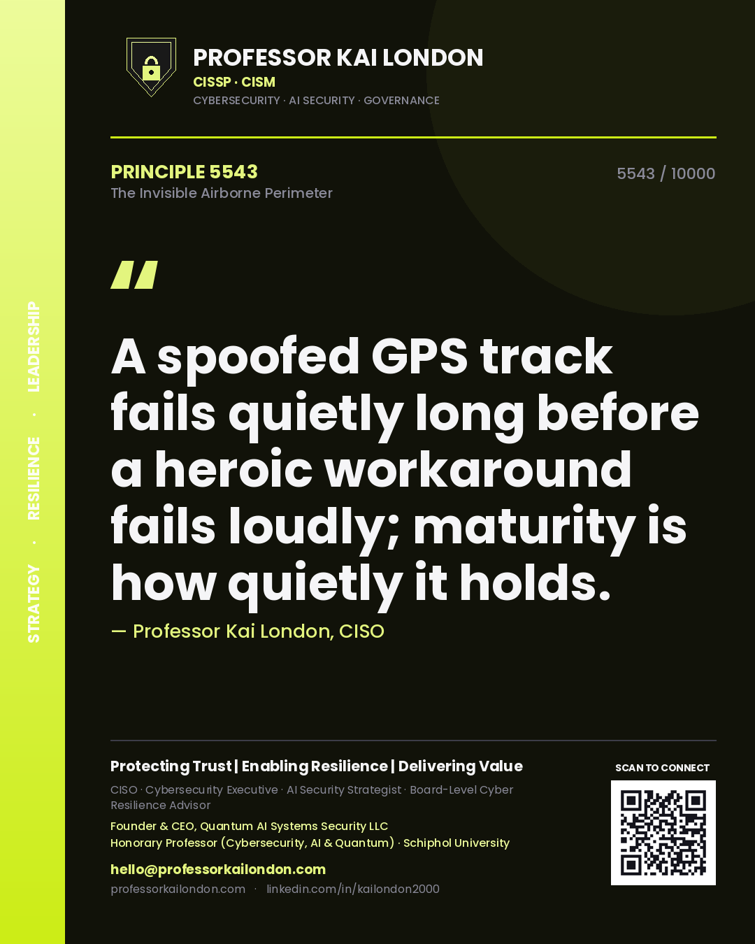 Quote card by Professor Kai London reading 'A spoofed GPS track fails quietly long before a heroic workaround fails loudly; maturity is how quietly it holds.'. From the book The Invisible Airborne Perimeter.