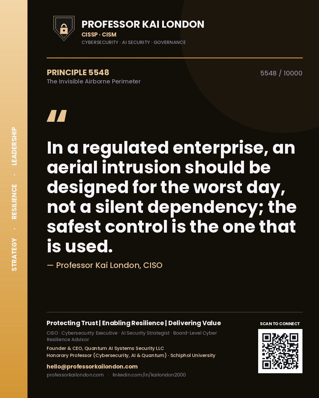 Quote card by Professor Kai London reading 'In a regulated enterprise, an aerial intrusion should be designed for the worst day, not a silent dependency; the safest control is the one that is used.'. From the book The Invisible Airborne Perimeter.