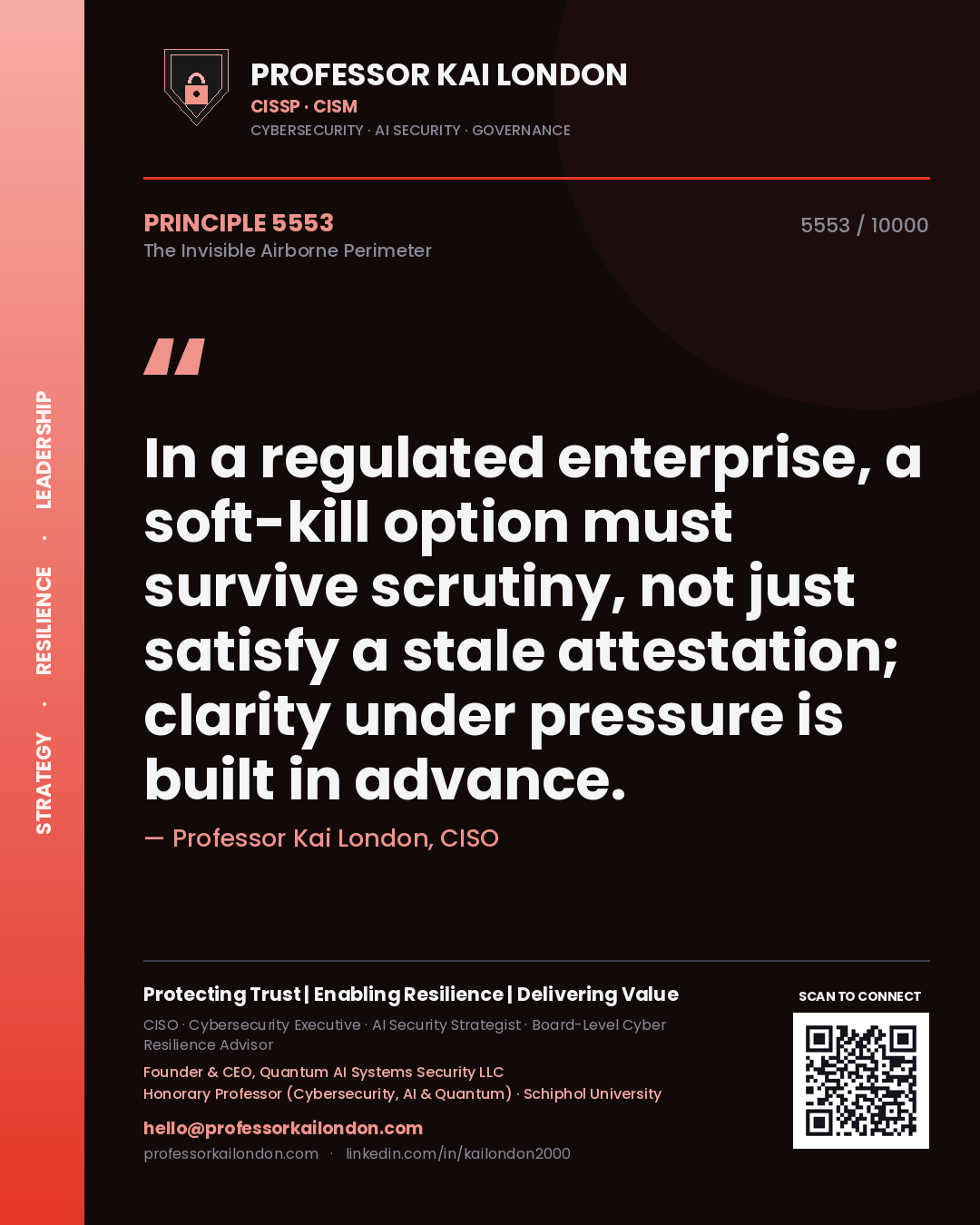 Quote card by Professor Kai London reading 'In a regulated enterprise, a soft-kill option must survive scrutiny, not just satisfy a stale attestation; clarity under pressure is built in advance.'. From the book The Invisible Airborne Perimeter.