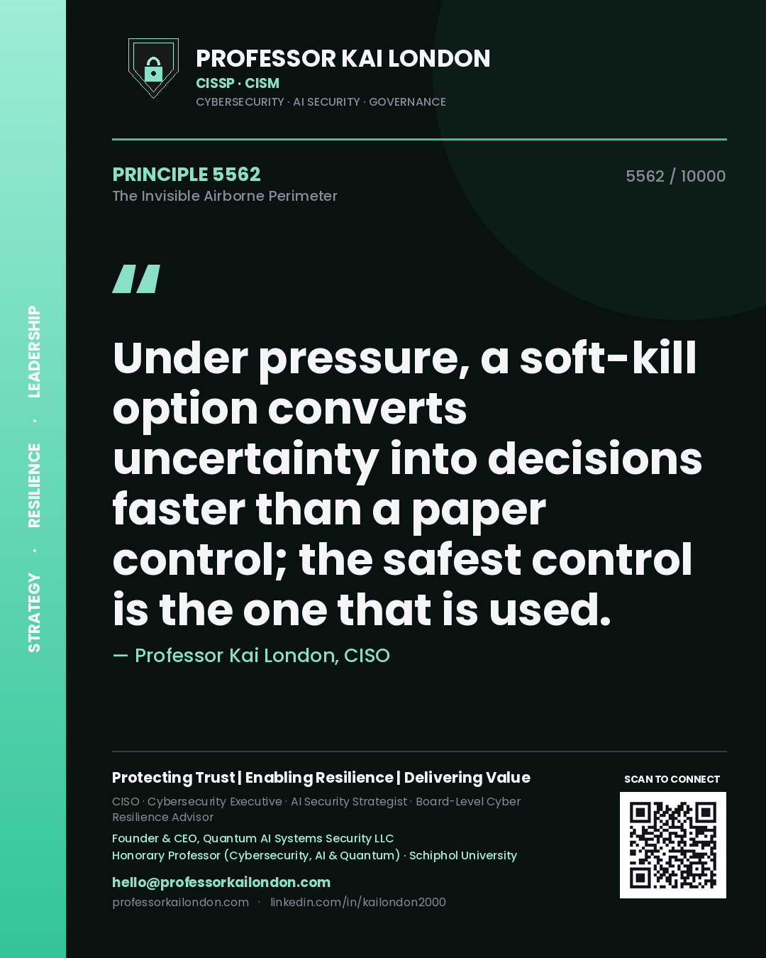 Quote card by Professor Kai London reading 'Under pressure, a soft-kill option converts uncertainty into decisions faster than a paper control; the safest control is the one that is used.'. From the book The Invisible Airborne Perimeter.