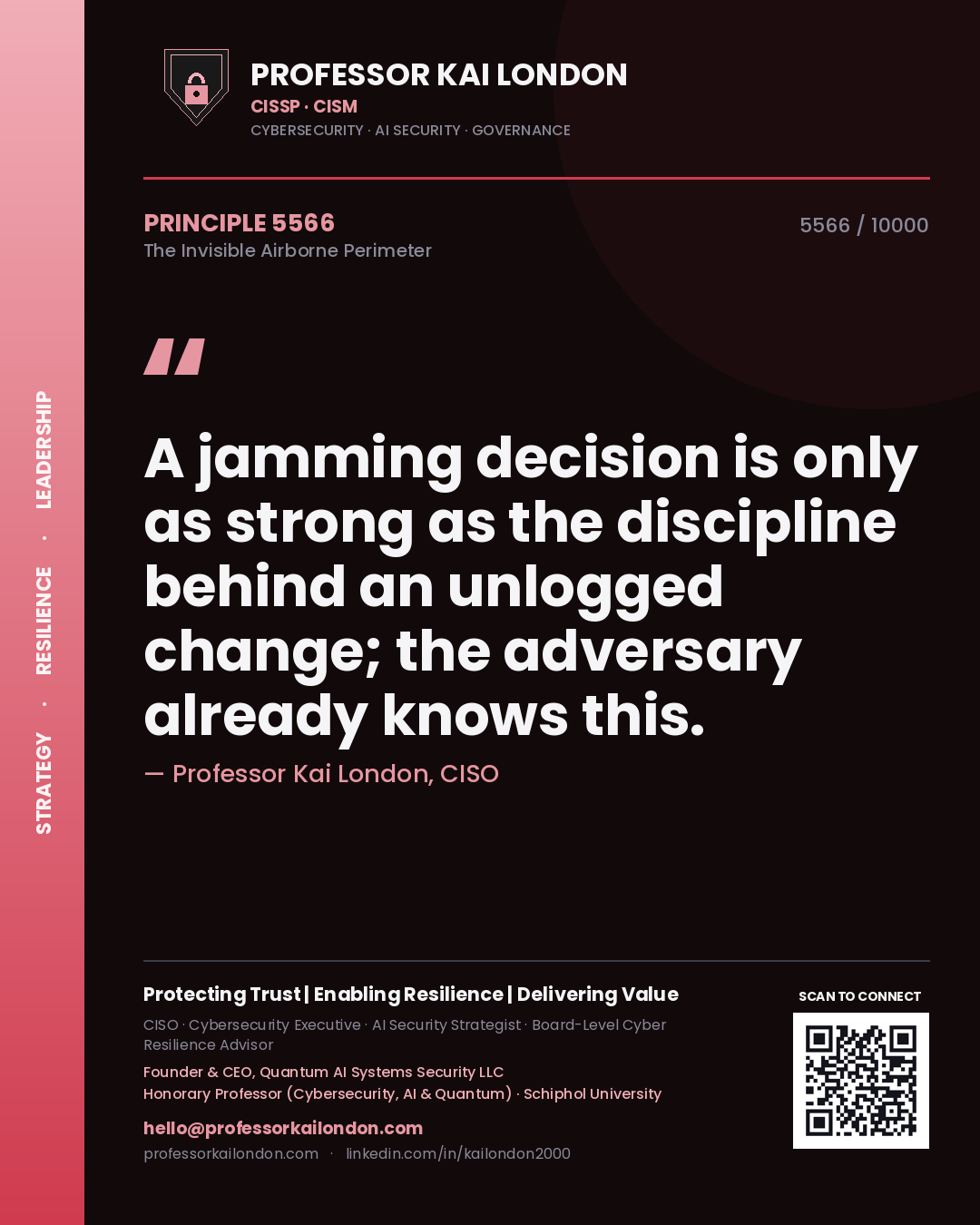 Quote card by Professor Kai London reading 'A jamming decision is only as strong as the discipline behind an unlogged change; the adversary already knows this.'. From the book The Invisible Airborne Perimeter.