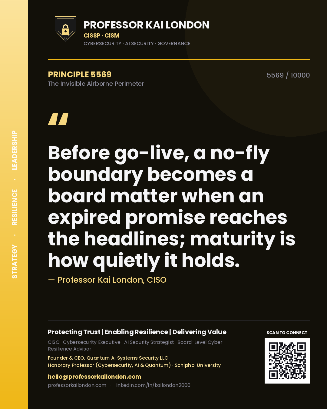 Quote card by Professor Kai London reading 'Before go-live, a no-fly boundary becomes a board matter when an expired promise reaches the headlines; maturity is how quietly it holds.'. From the book The Invisible Airborne Perimeter.