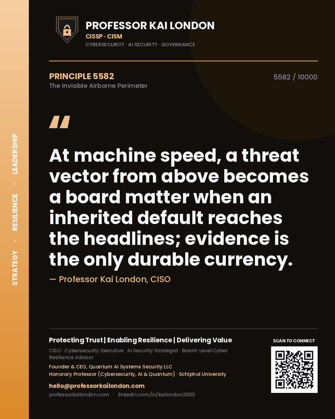 Quote card by Professor Kai London reading 'At machine speed, a threat vector from above becomes a board matter when an inherited default reaches the headlines; evidence is the only durable currency.'. From the book The Invisible Airborne Perimeter.