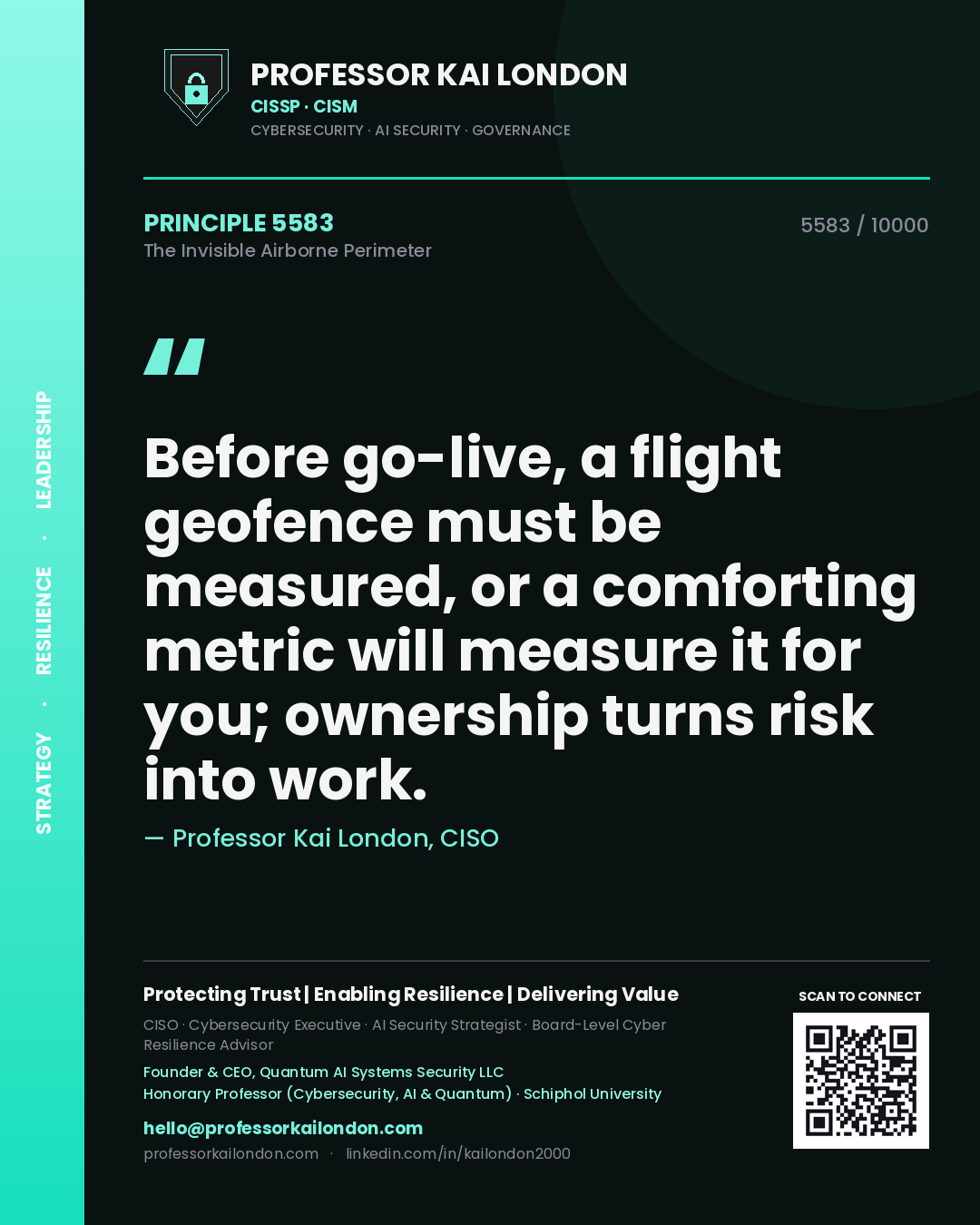 Quote card by Professor Kai London reading 'Before go-live, a flight geofence must be measured, or a comforting metric will measure it for you; ownership turns risk into work.'. From the book The Invisible Airborne Perimeter.