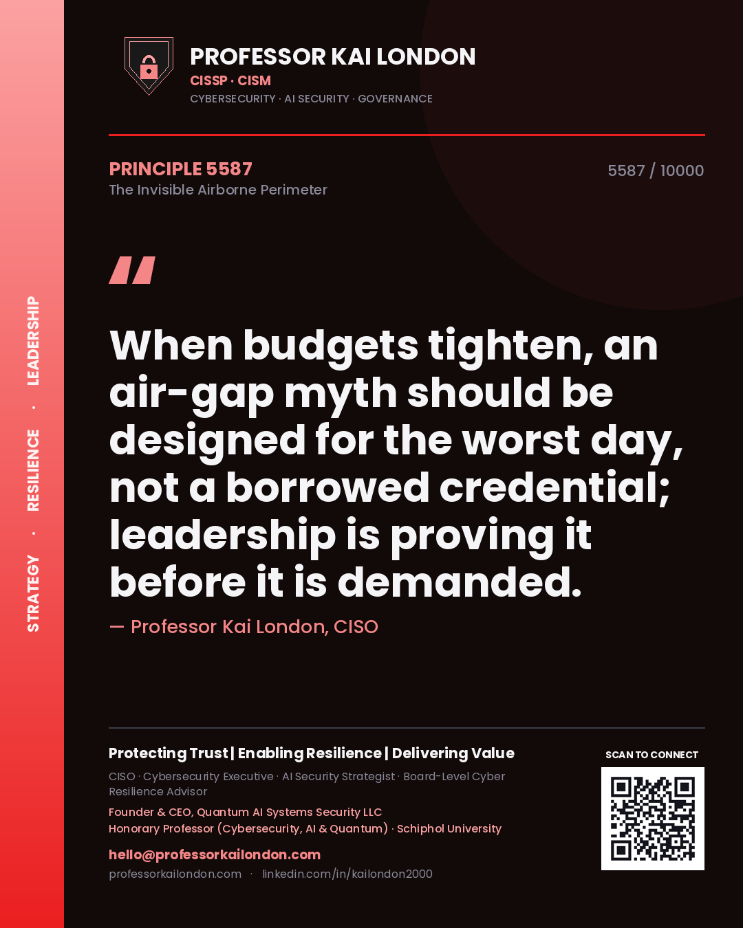 Quote card by Professor Kai London reading 'When budgets tighten, an air-gap myth should be designed for the worst day, not a borrowed credential; leadership is proving it before it is demanded.'. From the book The Invisible Airborne Perimeter.