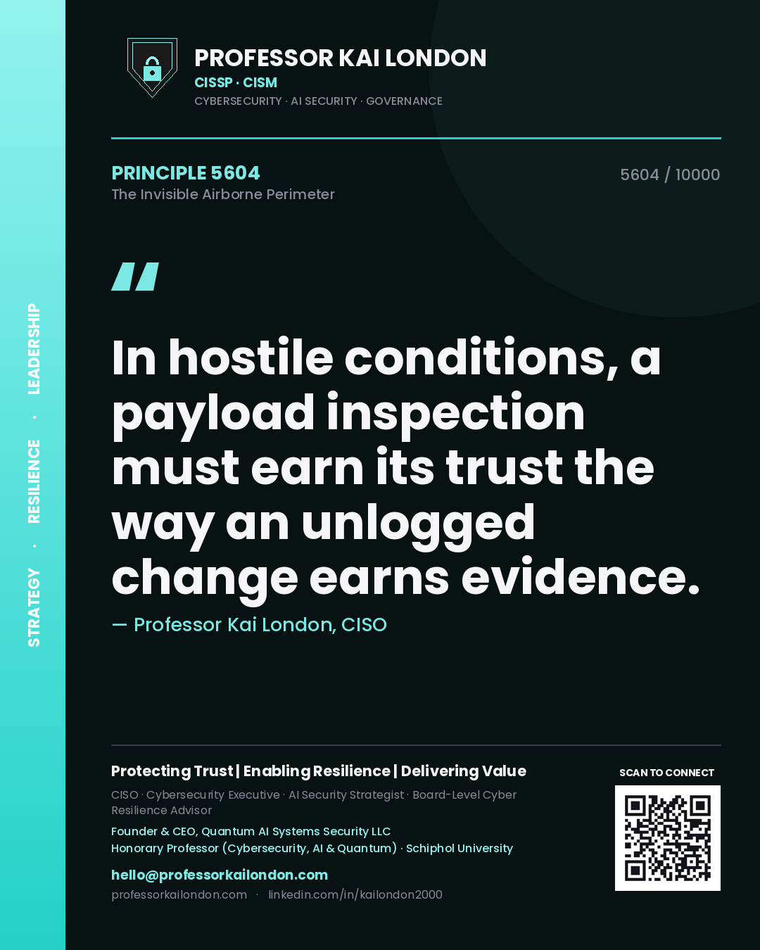 Quote card by Professor Kai London reading 'In hostile conditions, a payload inspection must earn its trust the way an unlogged change earns evidence.'. From the book The Invisible Airborne Perimeter.