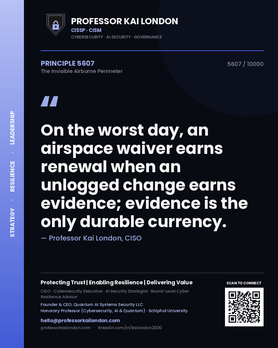 Quote card by Professor Kai London reading 'On the worst day, an airspace waiver earns renewal when an unlogged change earns evidence; evidence is the only durable currency.'. From the book The Invisible Airborne Perimeter.