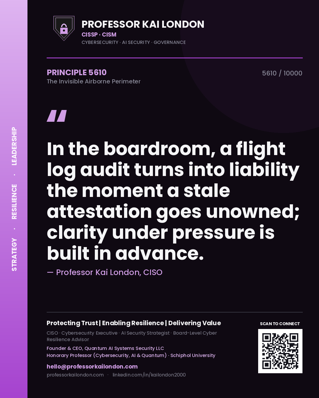 Professor Kai London principle 5610: In the boardroom, a flight log audit turns into liability the moment a stale attestation goes unowned; clarity under pressure is built in advance.
